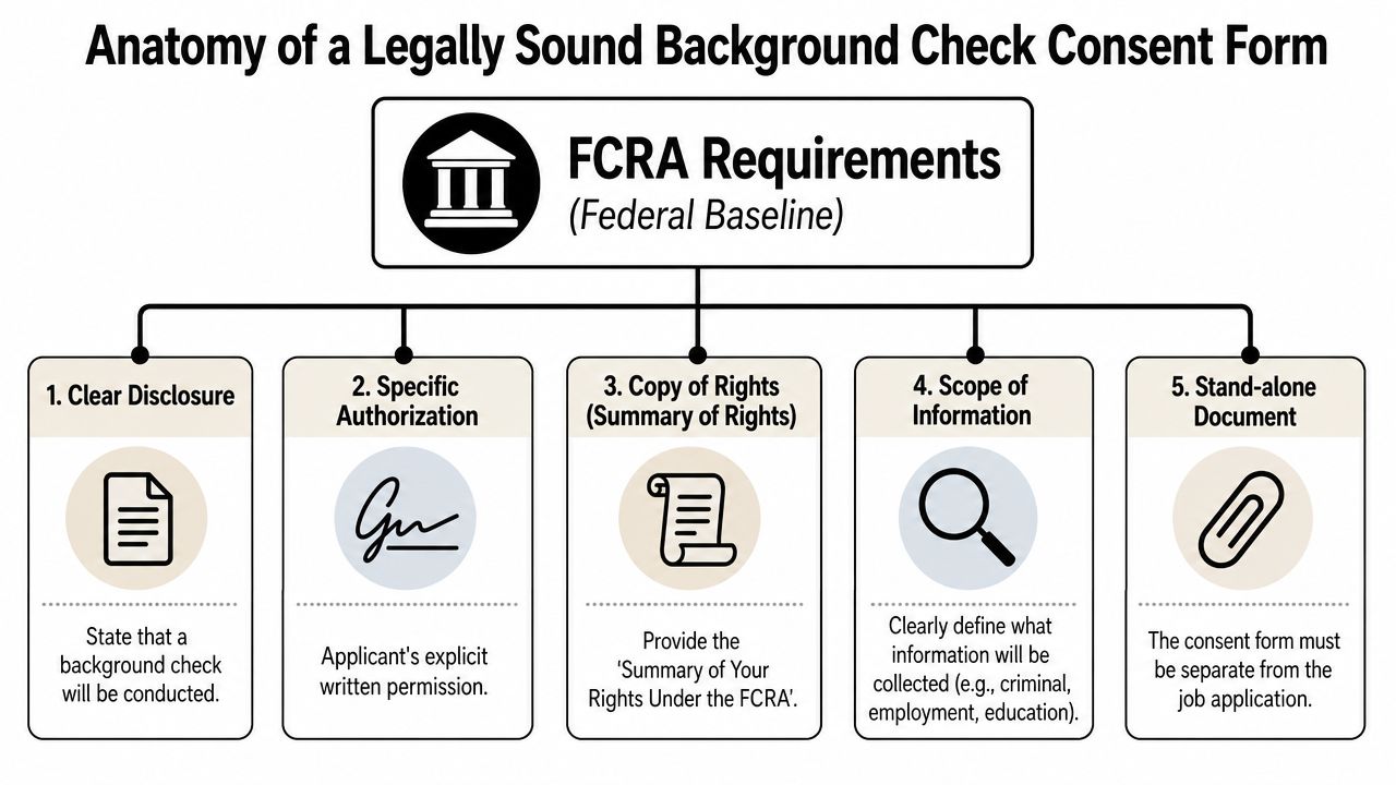 An infographic detailing five key FCRA requirements for creating a legally sound background check consent form.