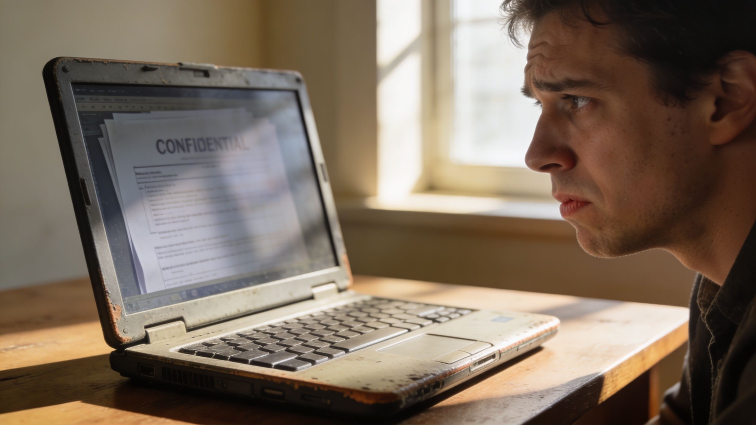 A concerned young man looking at a confidential document displayed on an old, worn-out laptop screen.