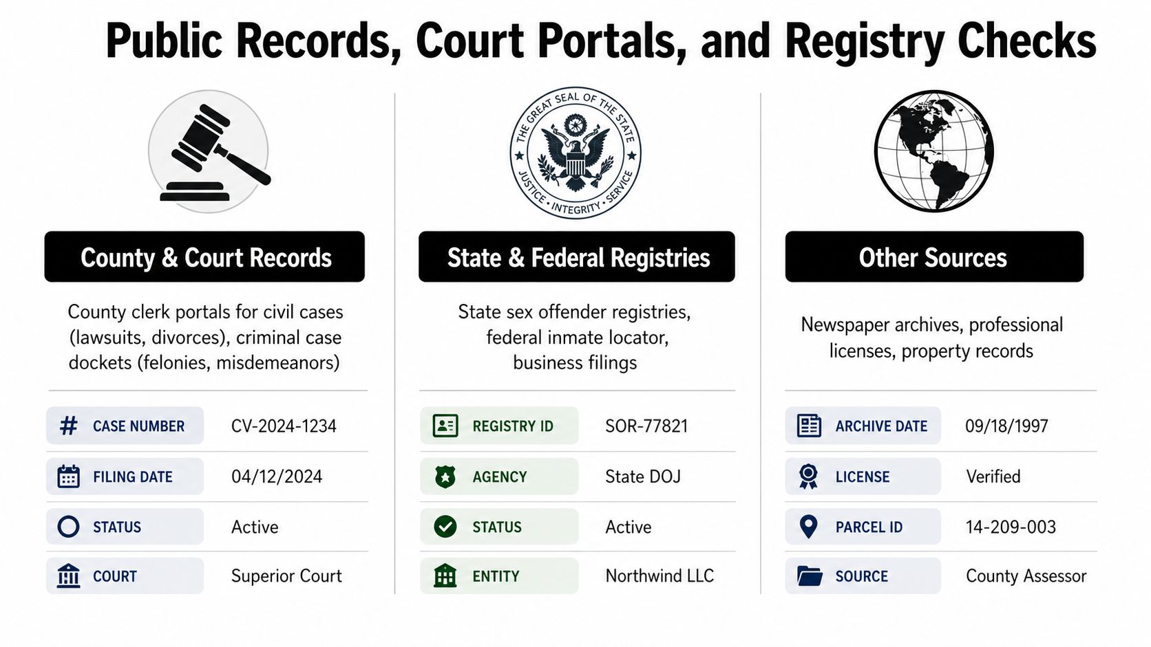 A chart detailing categories and examples of information found in public records, court portals, and registry checks.