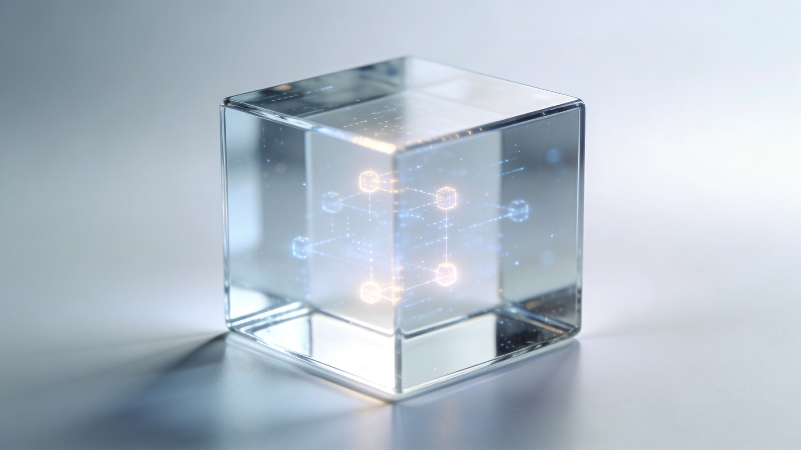 A glass cube containing a glowing digital network of interconnected nodes representing blockchain technology and data storage.