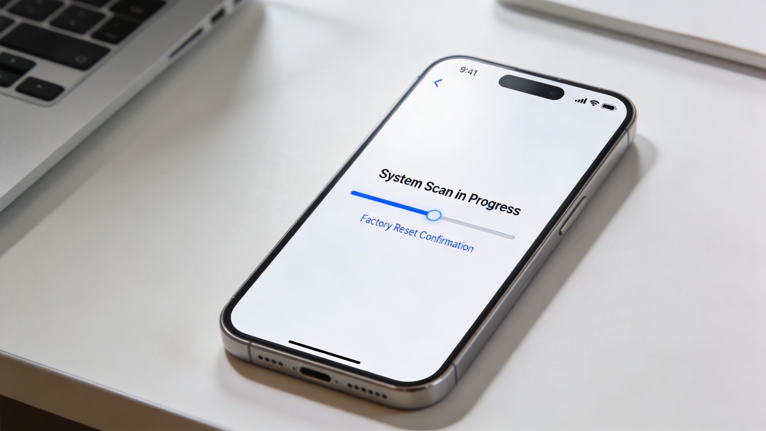 A modern smartphone screen showing a system scan in progress during a factory reset confirmation process.