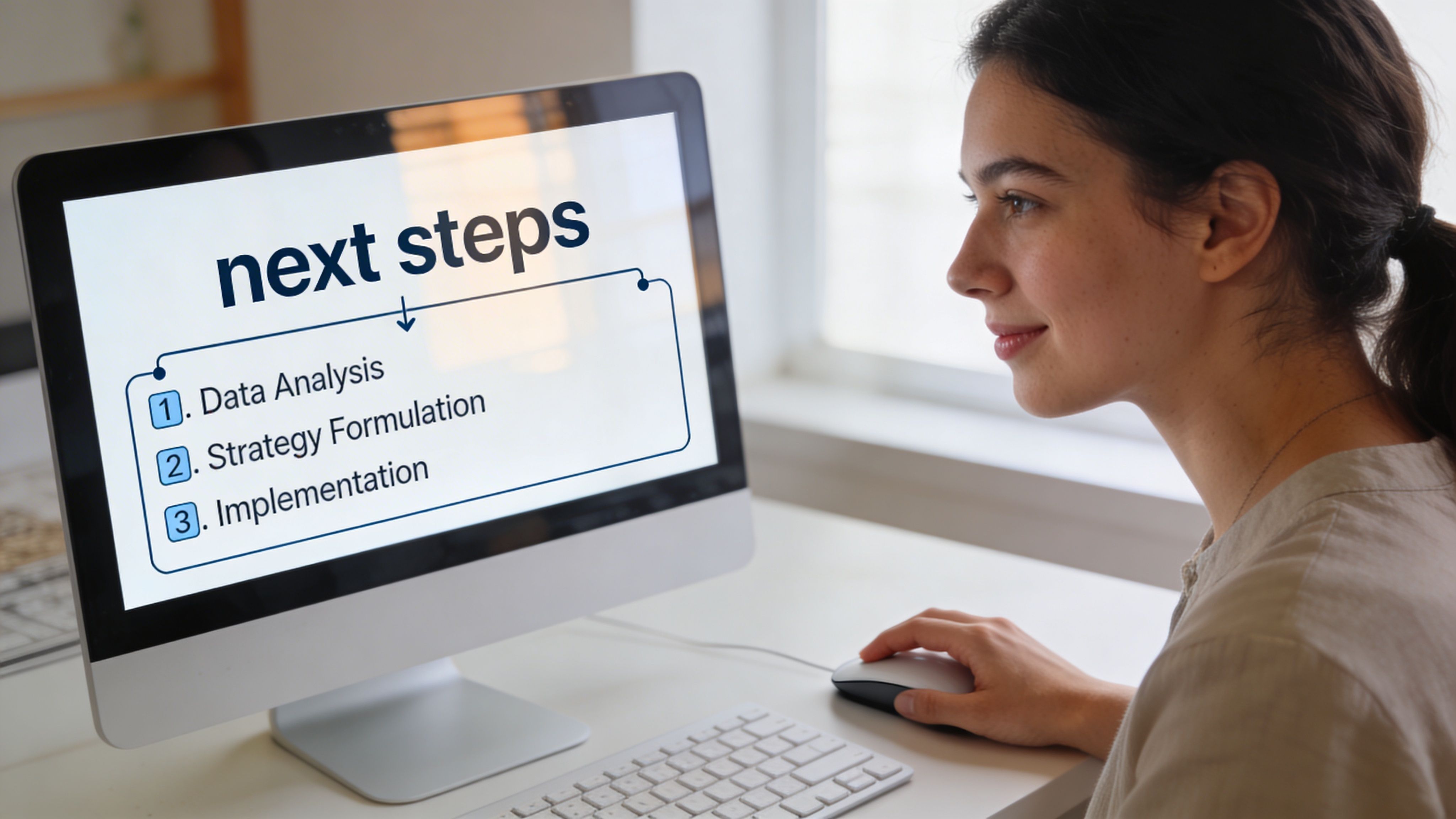 A young woman smiling while looking at a computer screen showing next steps for project management.