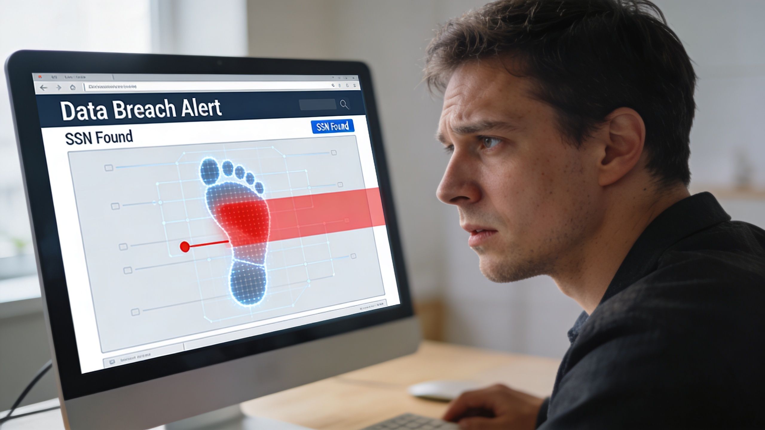 A concerned man sits at a desk looking at a computer monitor displaying a data breach alert.
