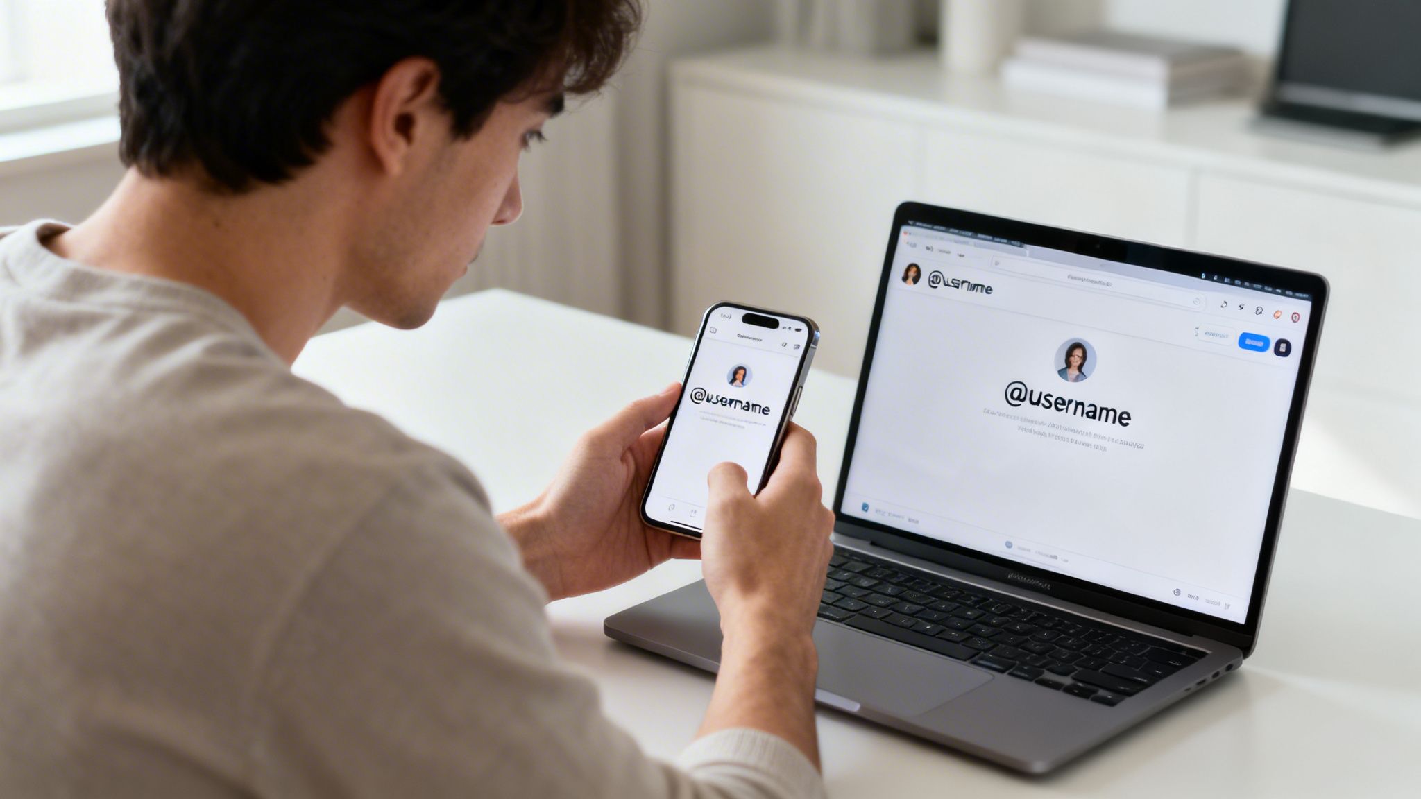 A man compares a digital profile on his smartphone to one on a laptop.