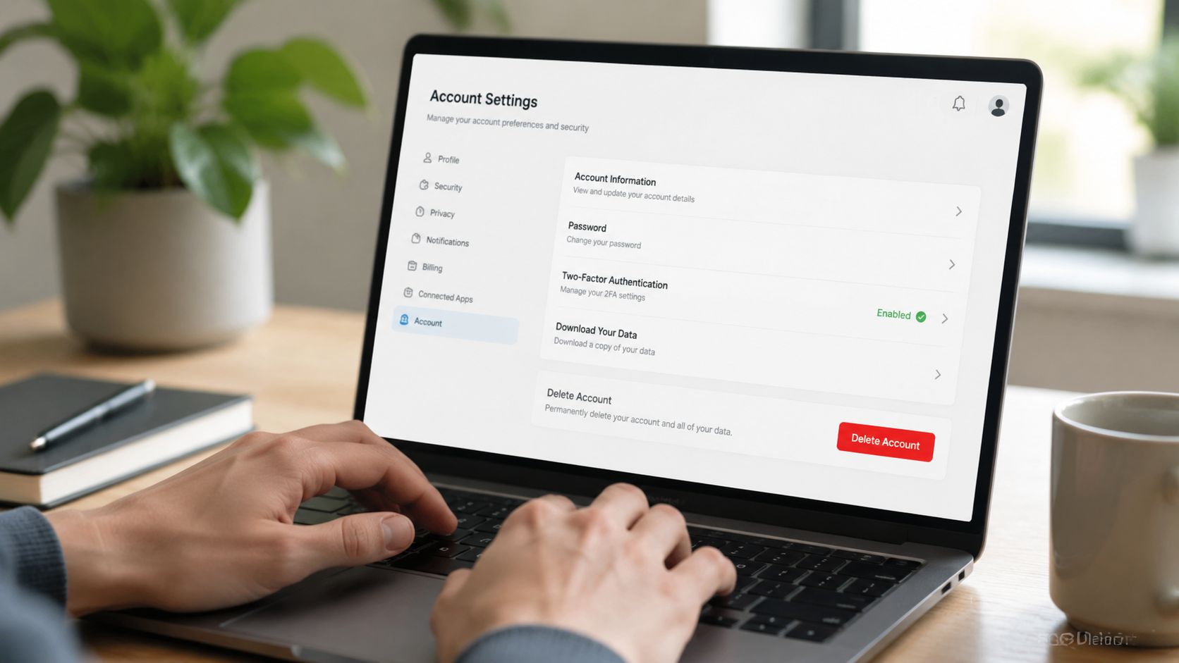 A close-up view of a person using a laptop to access the account settings page for deletion.