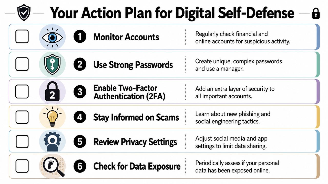 A digital self-defense checklist graphic illustrating six key steps to protect your personal information online.