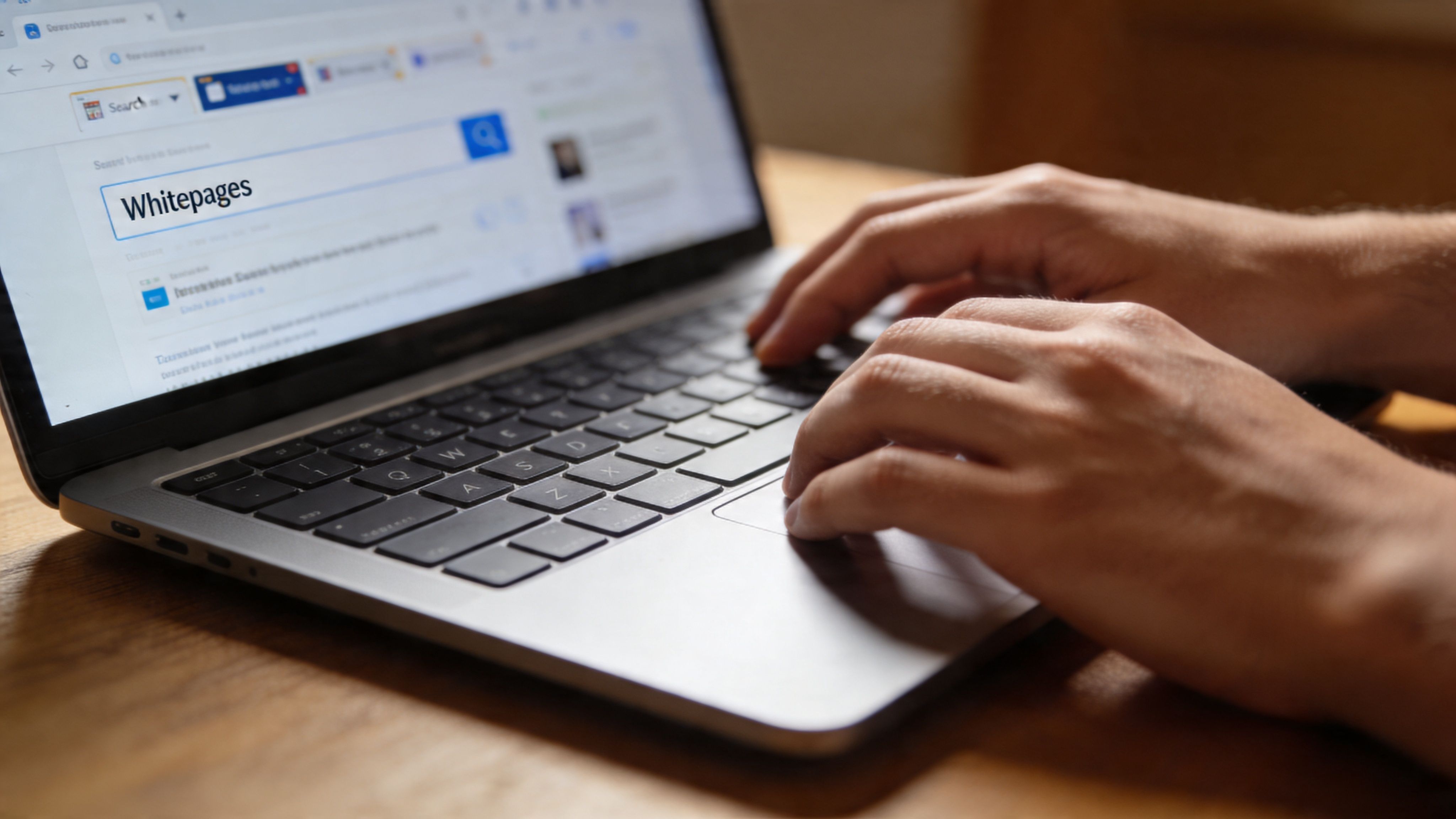 A person using a laptop to browse the Whitepages website to search for personal information removal options.