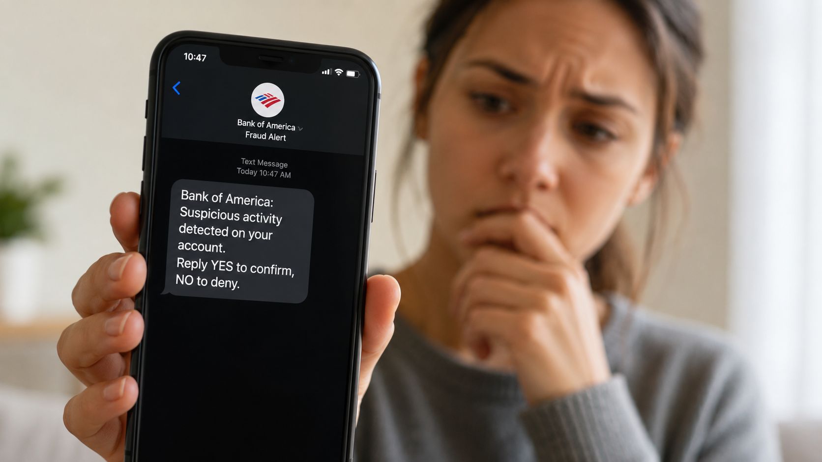 A concerned woman holding a smartphone displaying a suspicious Bank of America fraud alert text message.
