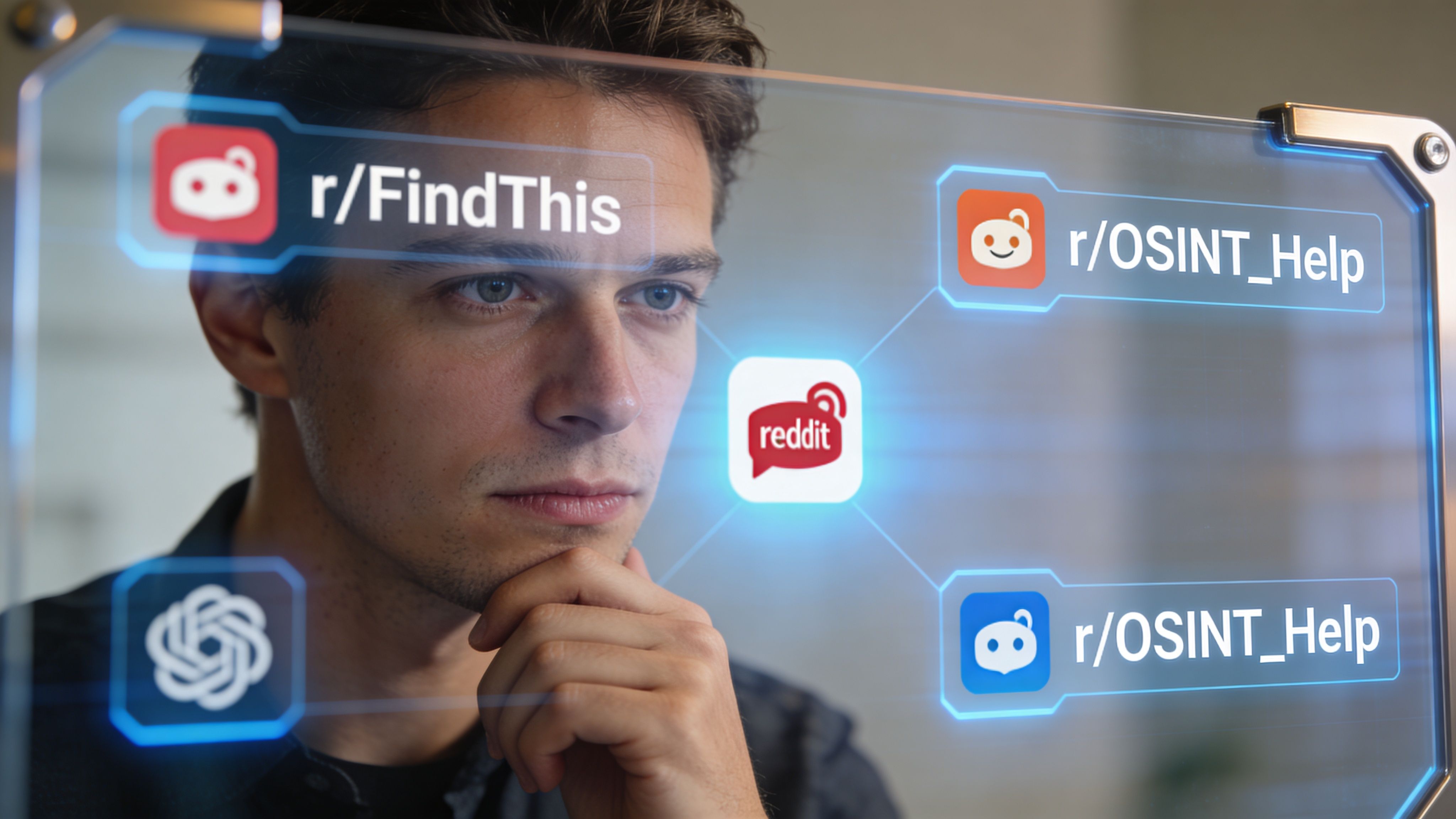 A person looking at a holographic screen displaying Reddit community icons for OSINT and research purposes.