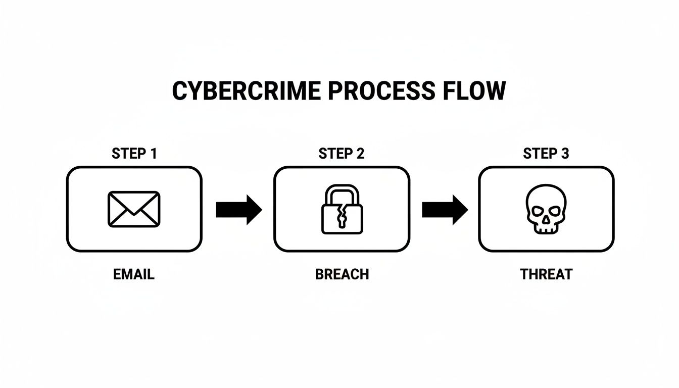 A cybercrime process flow diagram showing three steps: Email, Breach, and Threat.