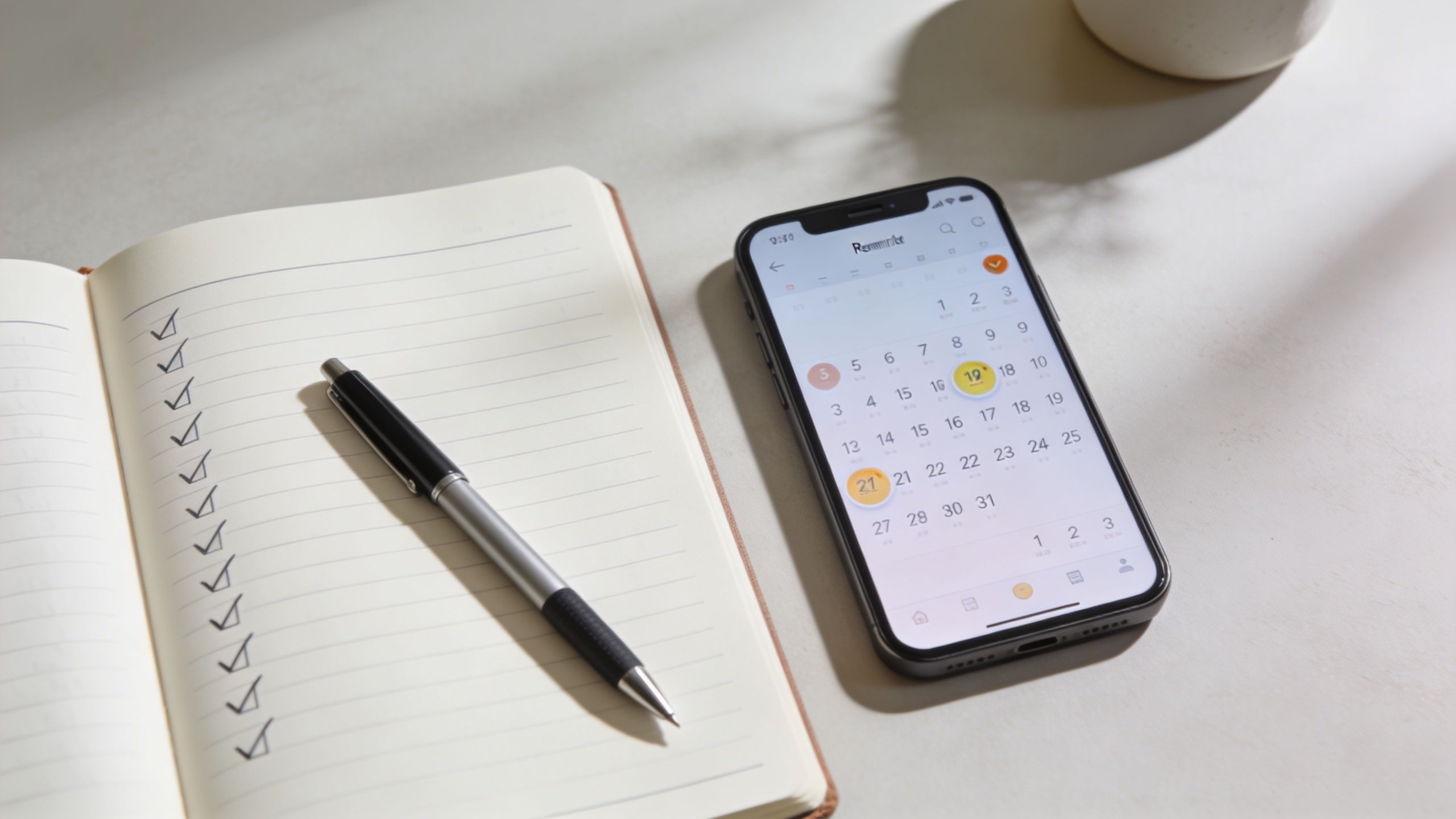 An open notebook with a checklist and a pen next to a smartphone displaying a calendar app.