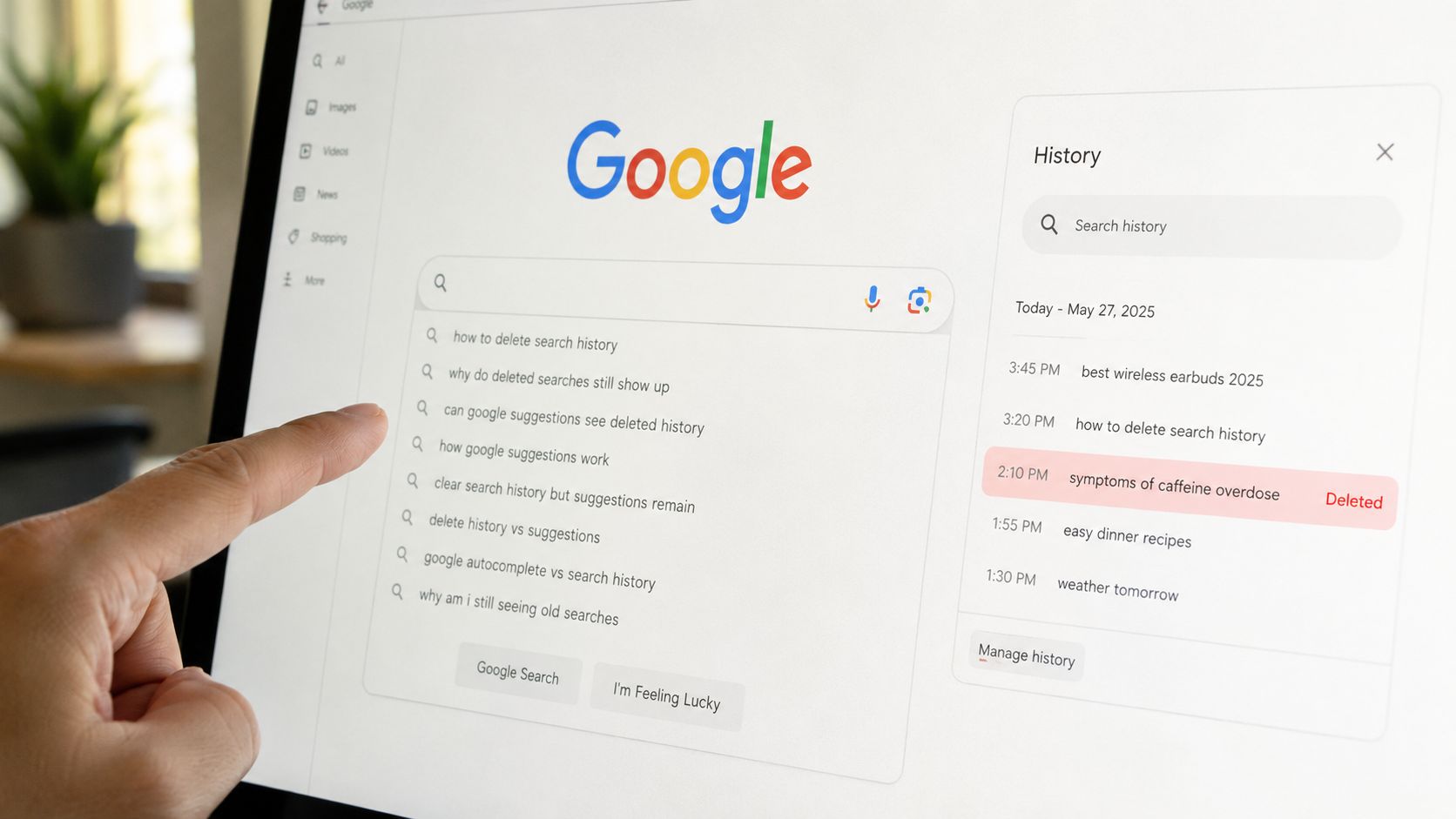 A person pointing at a Google search bar showing suggestions about deleting search and browser history.