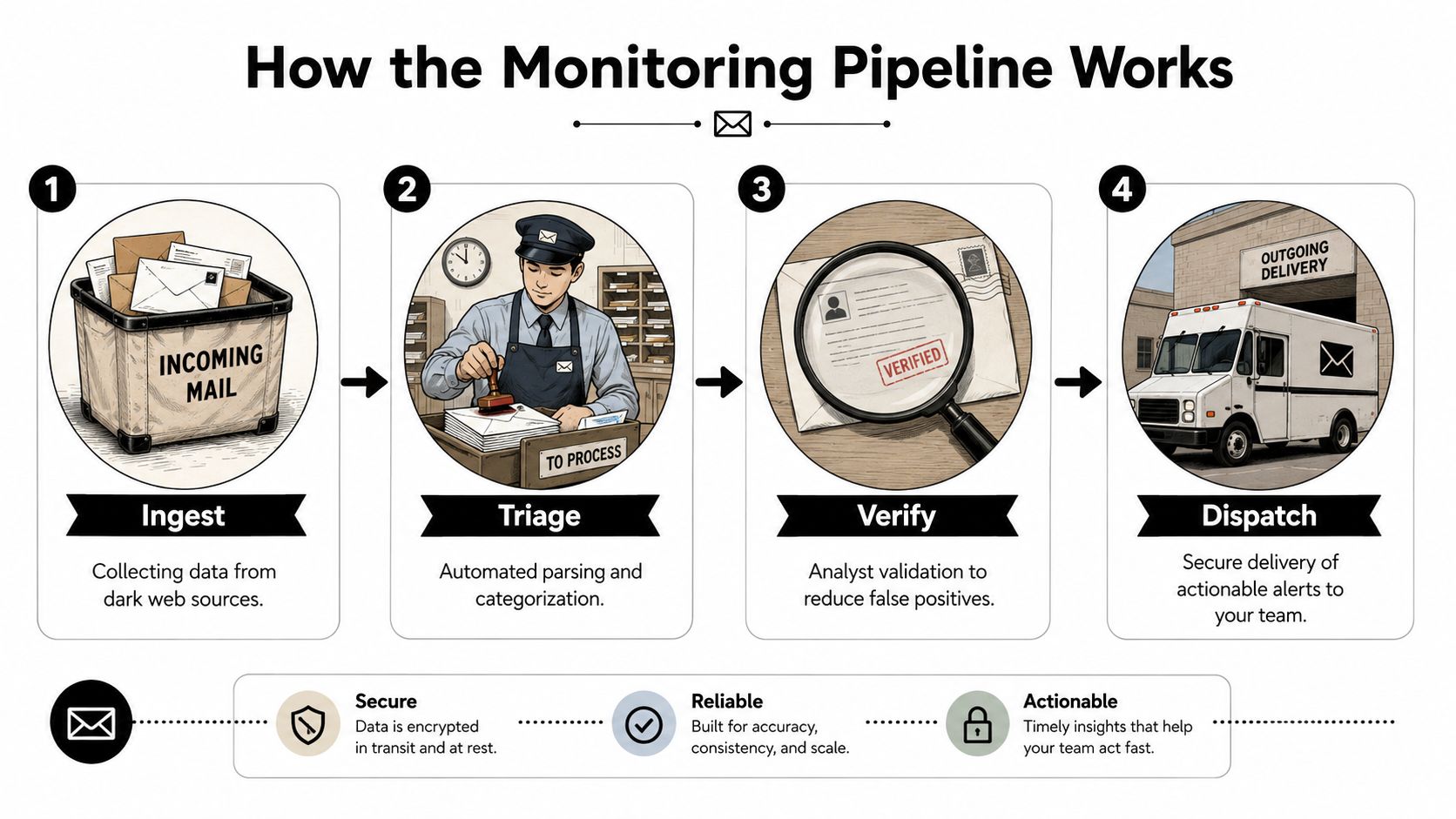 A four-step infographic illustrating a secure dark web monitoring pipeline from data ingestion to actionable alert dispatch.