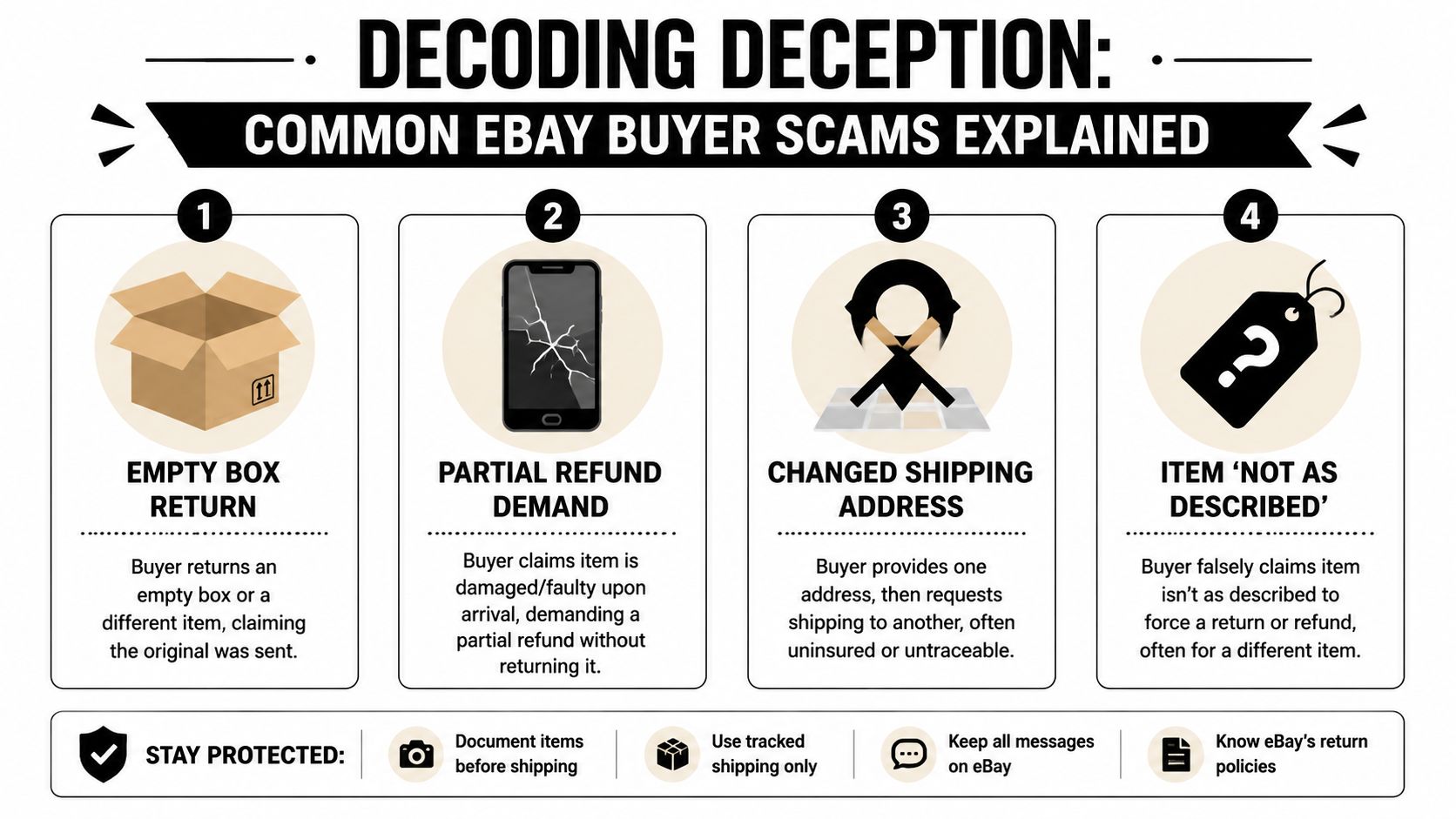 An infographic titled Decoding Deception, illustrating and explaining four common types of eBay buyer scams.