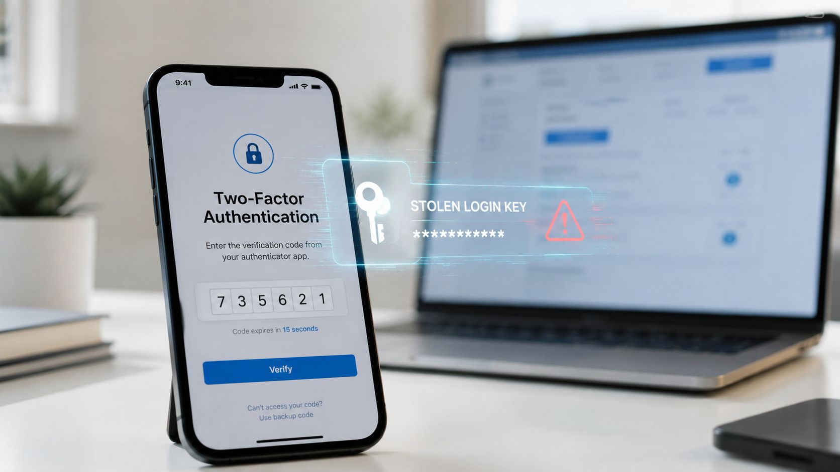 A smartphone screen displaying a two-factor authentication prompt next to a laptop showing a stolen login key alert.