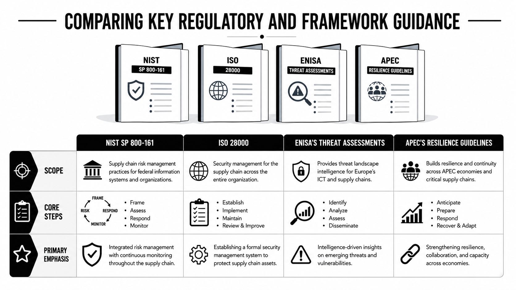 A comparison table outlining key supply chain security regulatory frameworks including NIST, ISO, ENISA, and APEC guidance.