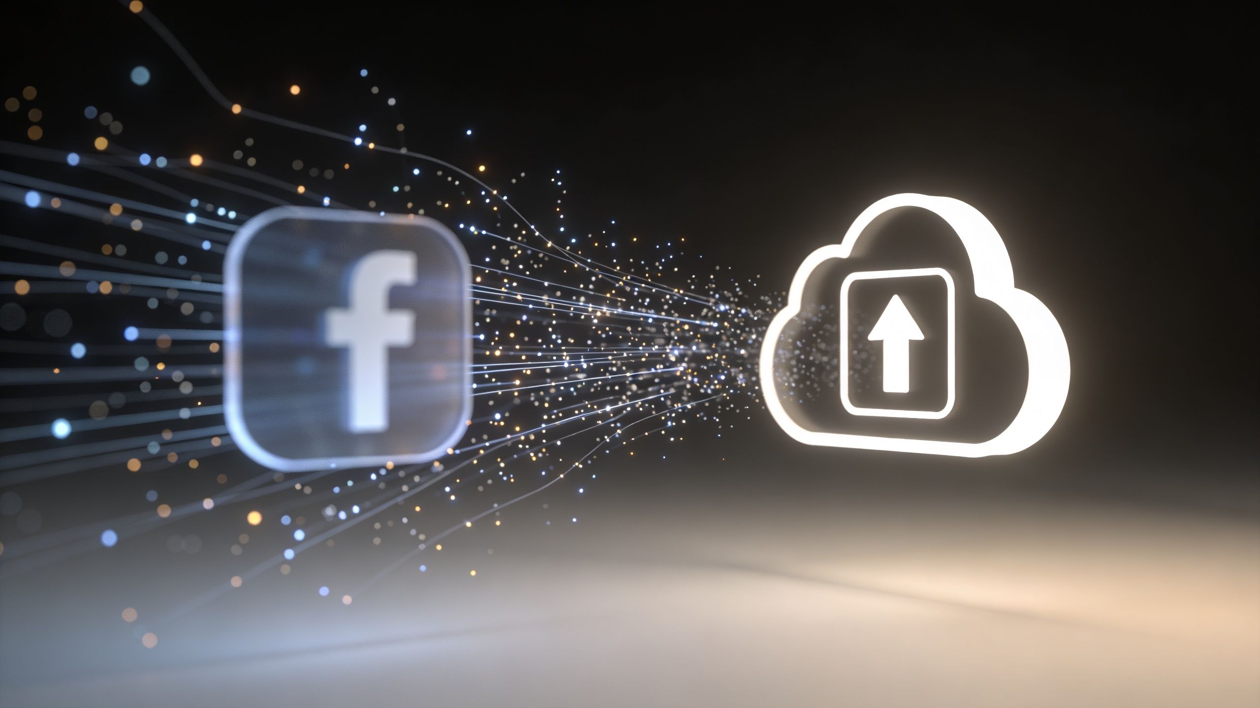 A conceptual 3D render showing Facebook data flowing into a digital cloud upload icon.