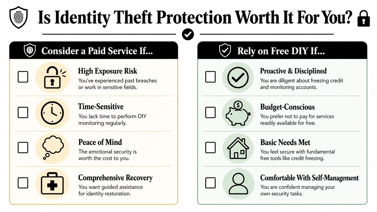 A comparison chart outlining when to choose paid identity theft protection services versus free DIY security methods.