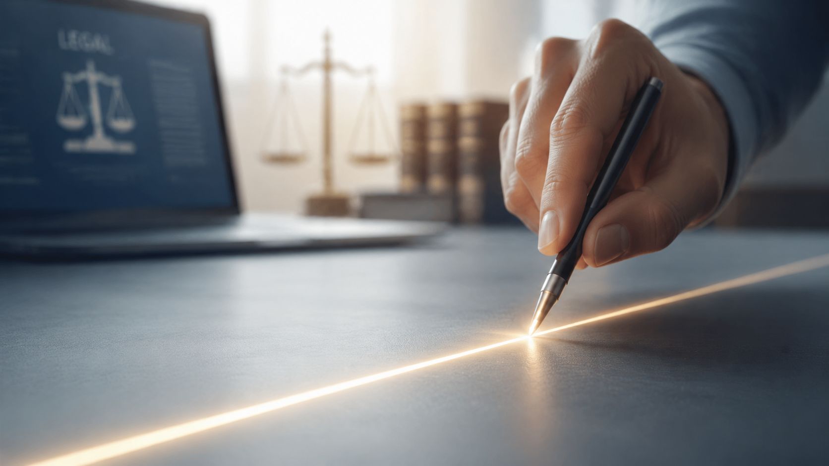 A professional hand drawing a glowing golden line on a desk, symbolizing legal guidance or discovery.
