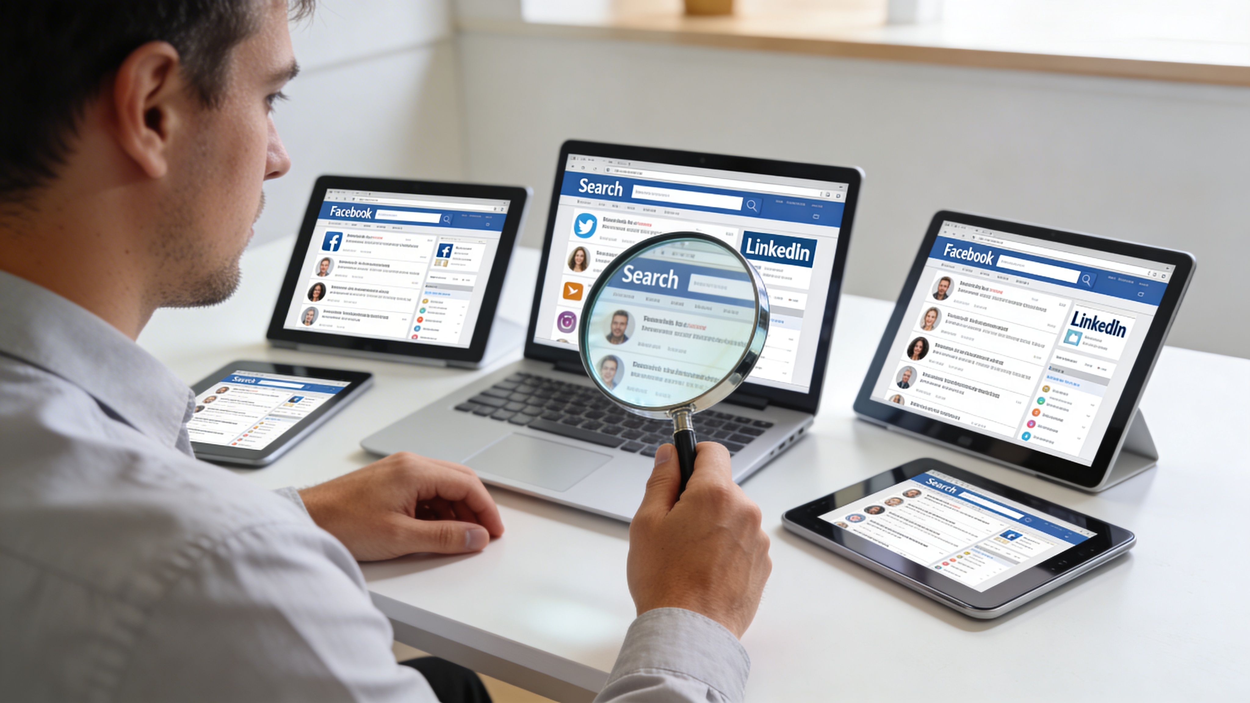 A man using a magnifying glass to research social media profiles on multiple tablet and laptop screens.