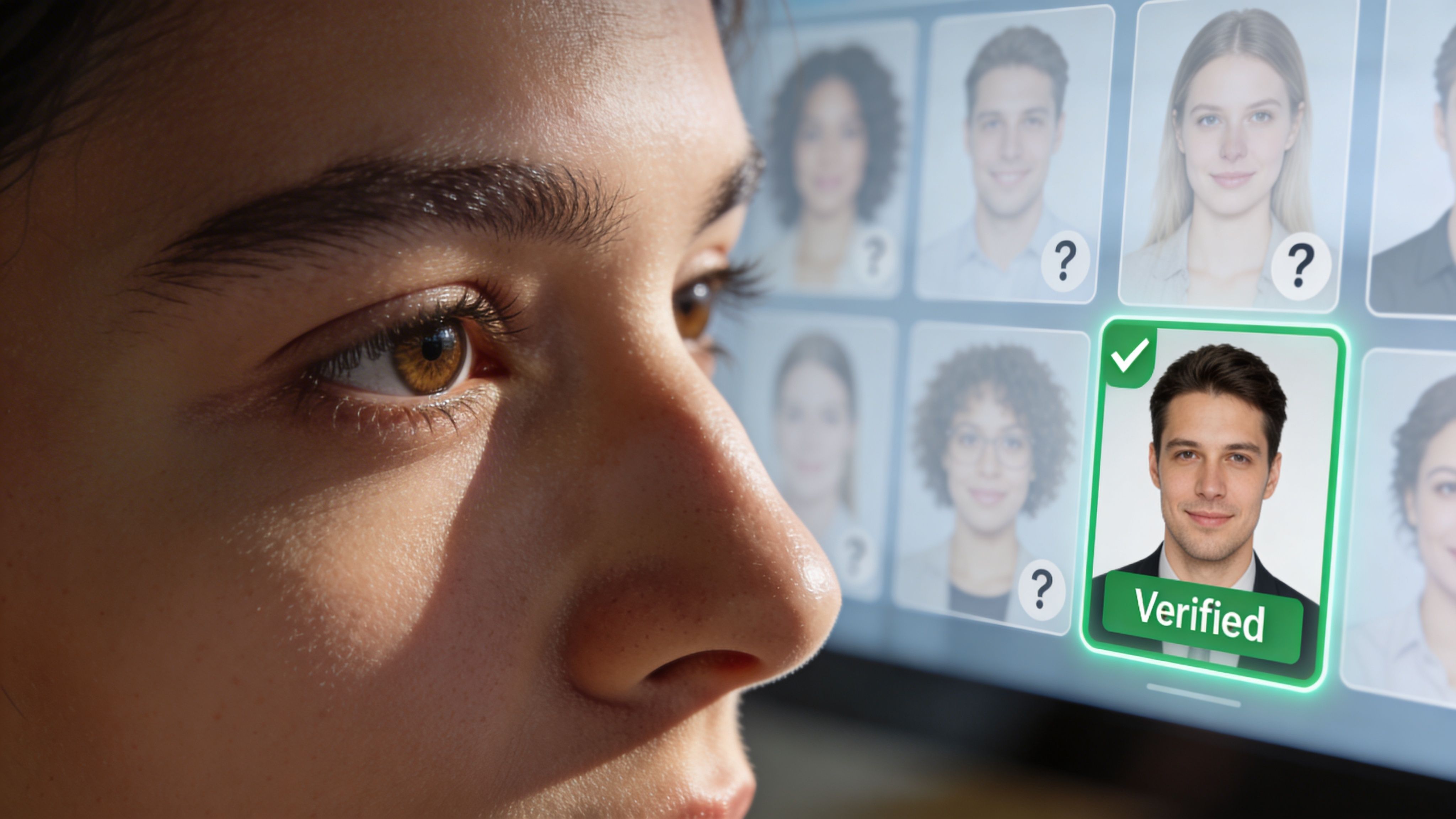A close-up view of a person looking at a screen displaying an online identity verification system.