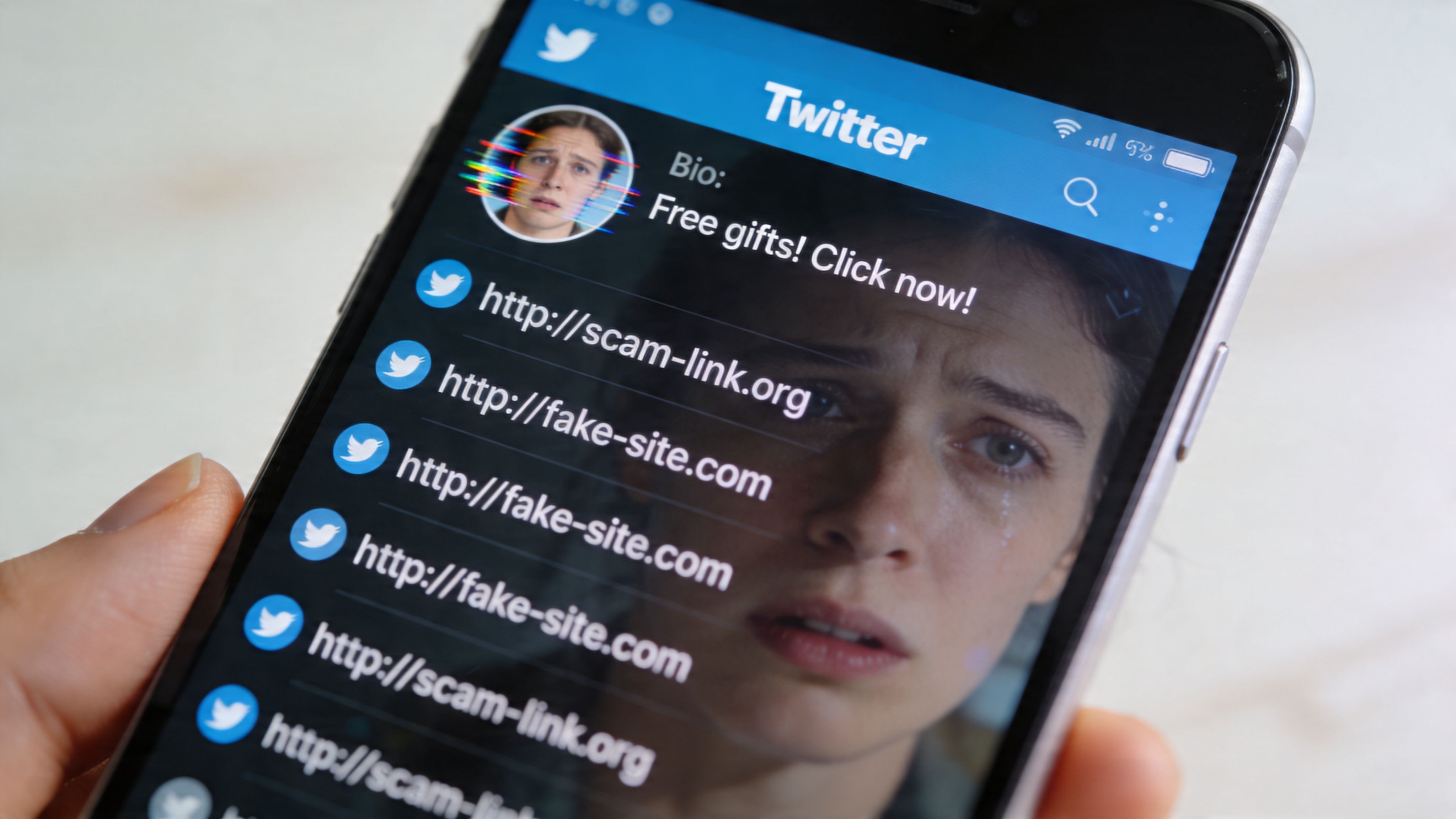 A close-up view of a smartphone screen showing a fake Twitter profile with multiple malicious phishing links.