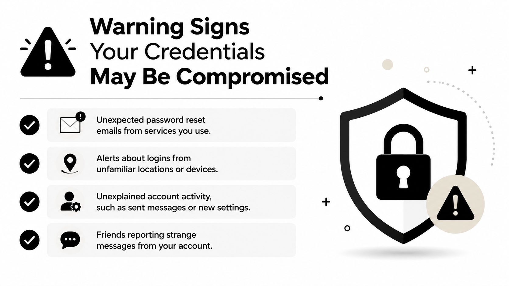 An infographic titled Warning Signs Your Credentials May Be Compromised, listing four common security alert indicators.
