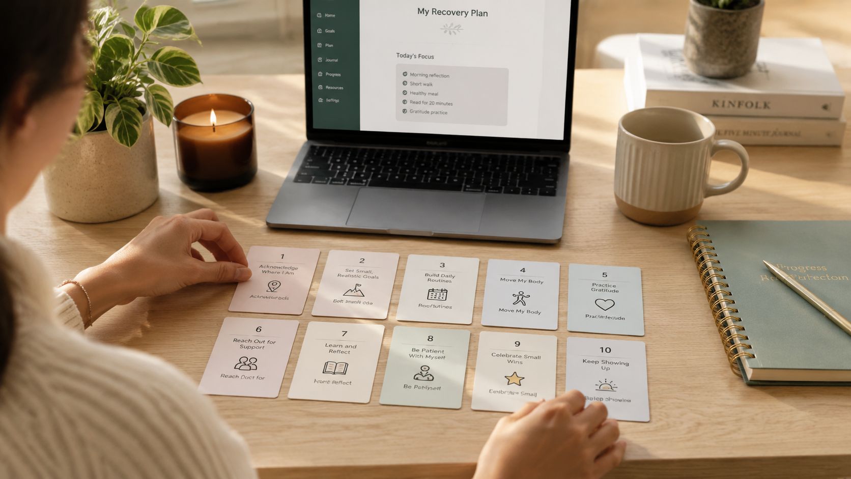 A person setting out recovery plan cards on a wooden desk next to a laptop and journal.