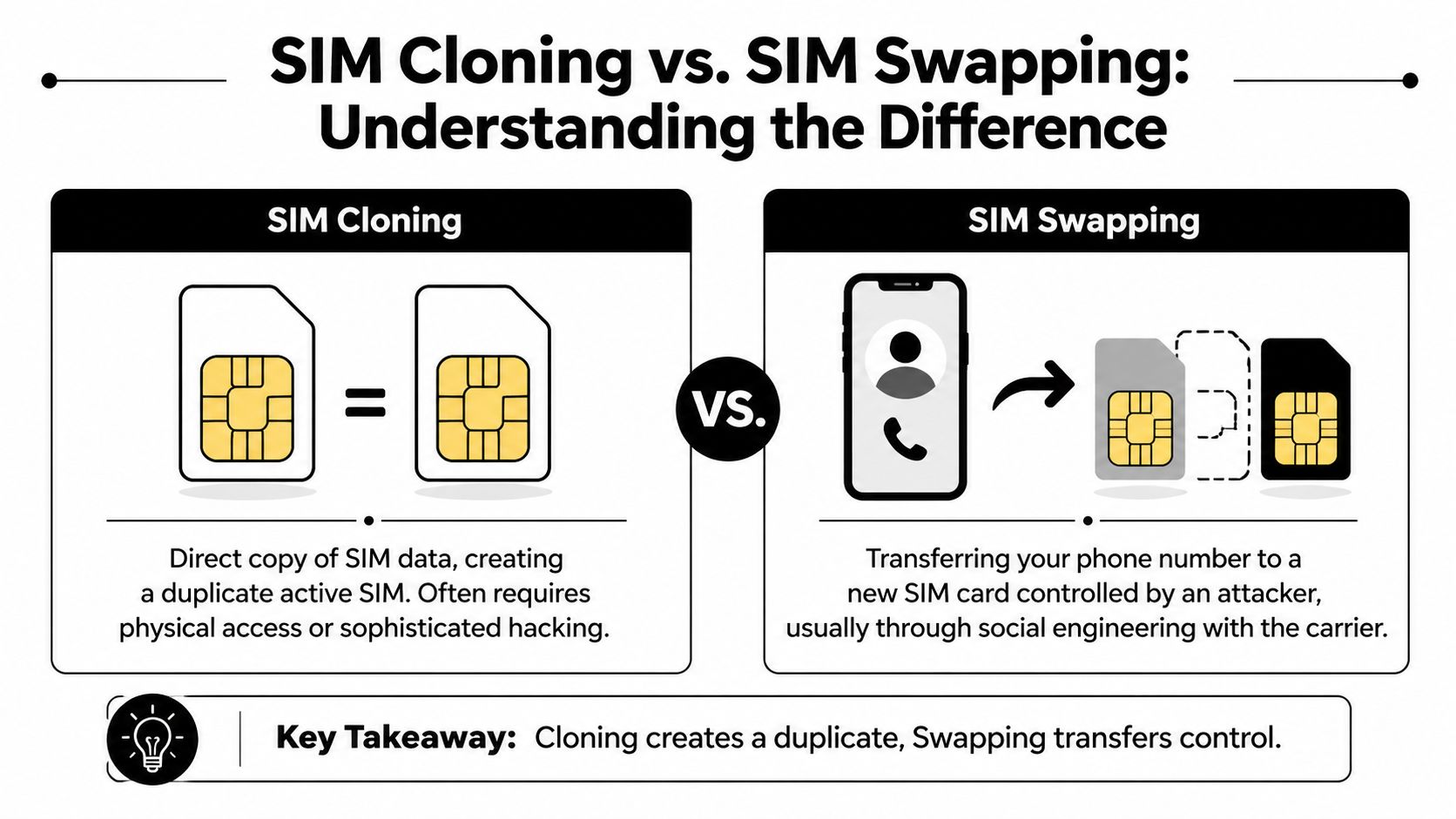 An infographic explaining the differences between SIM cloning and SIM swapping for mobile security awareness.