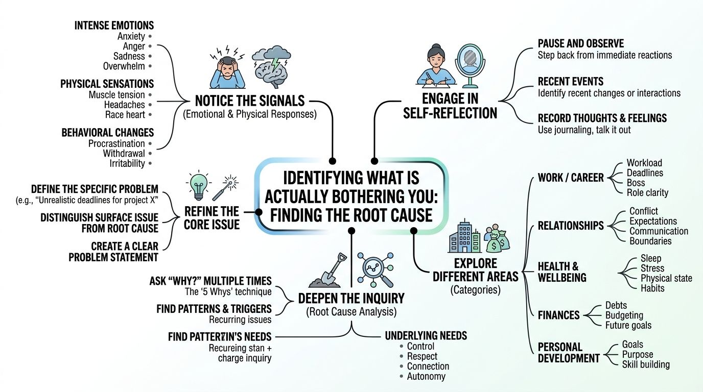 A mind map illustrating steps to identify the root cause of personal stress and emotional challenges.