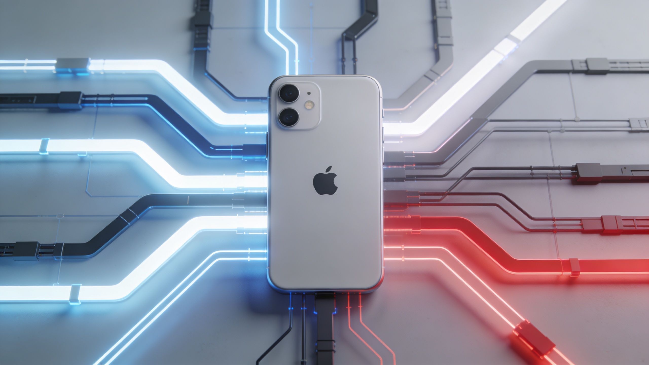 A silver iPhone smartphone centrally placed connected to glowing blue and red digital data circuit lines.