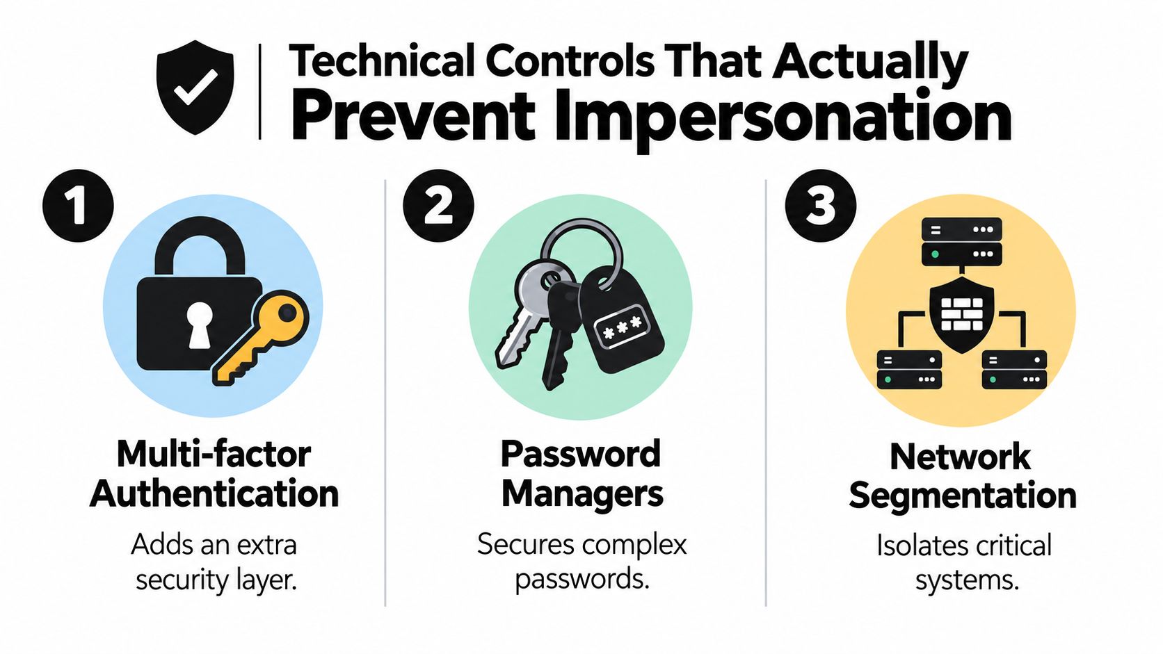 An infographic showing three technical controls to prevent impersonation: multi-factor authentication, password managers, and network segmentation.
