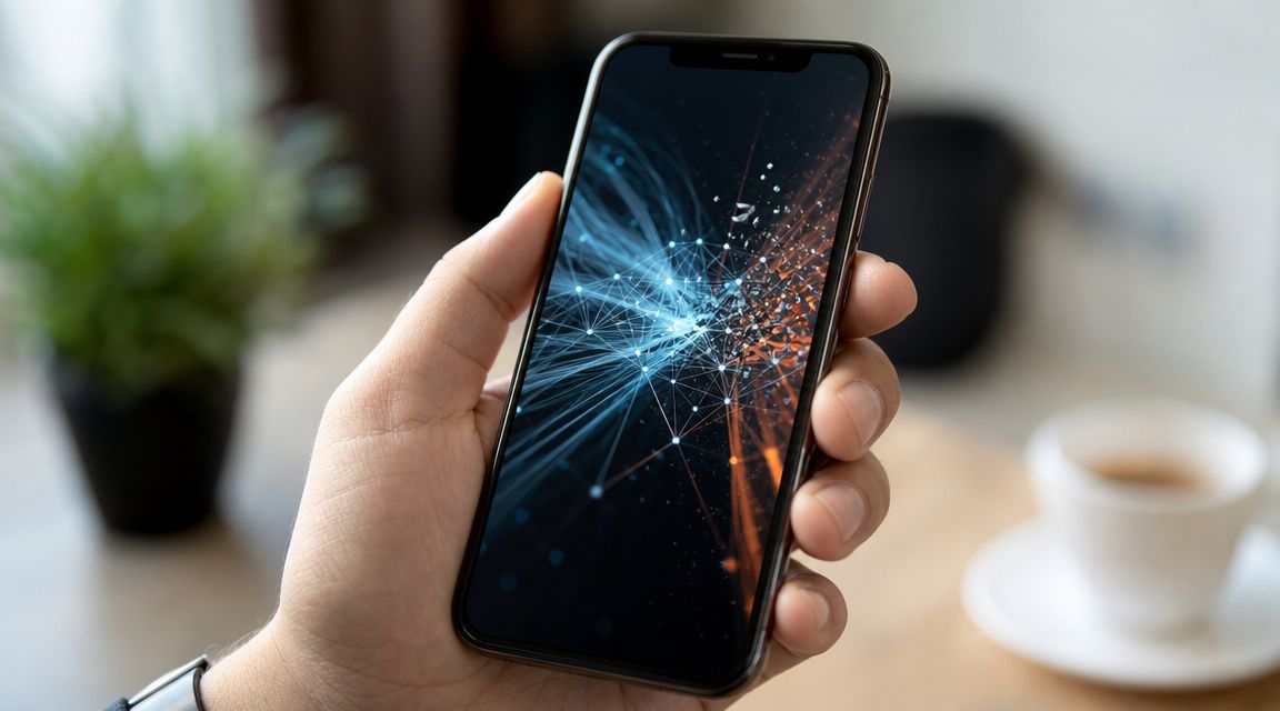 A close-up view of a person holding a smartphone displaying an abstract digital connection network graphic.