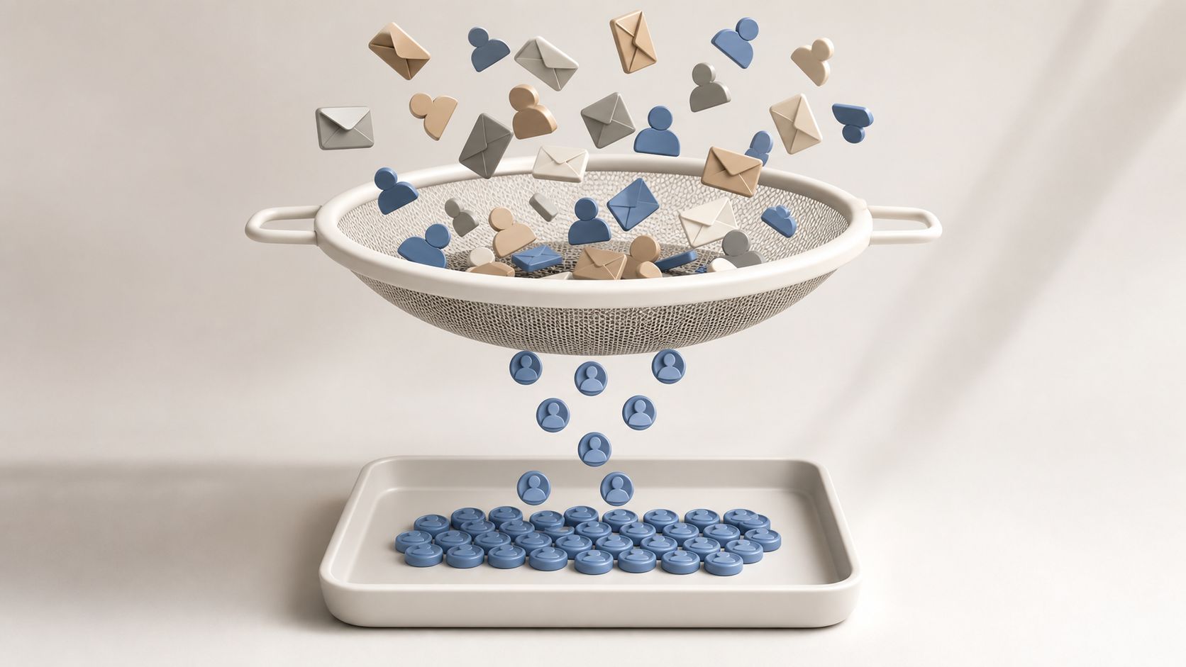 A strainer filtering human user icons and envelope symbols into a collection tray representing digital data filtering.
