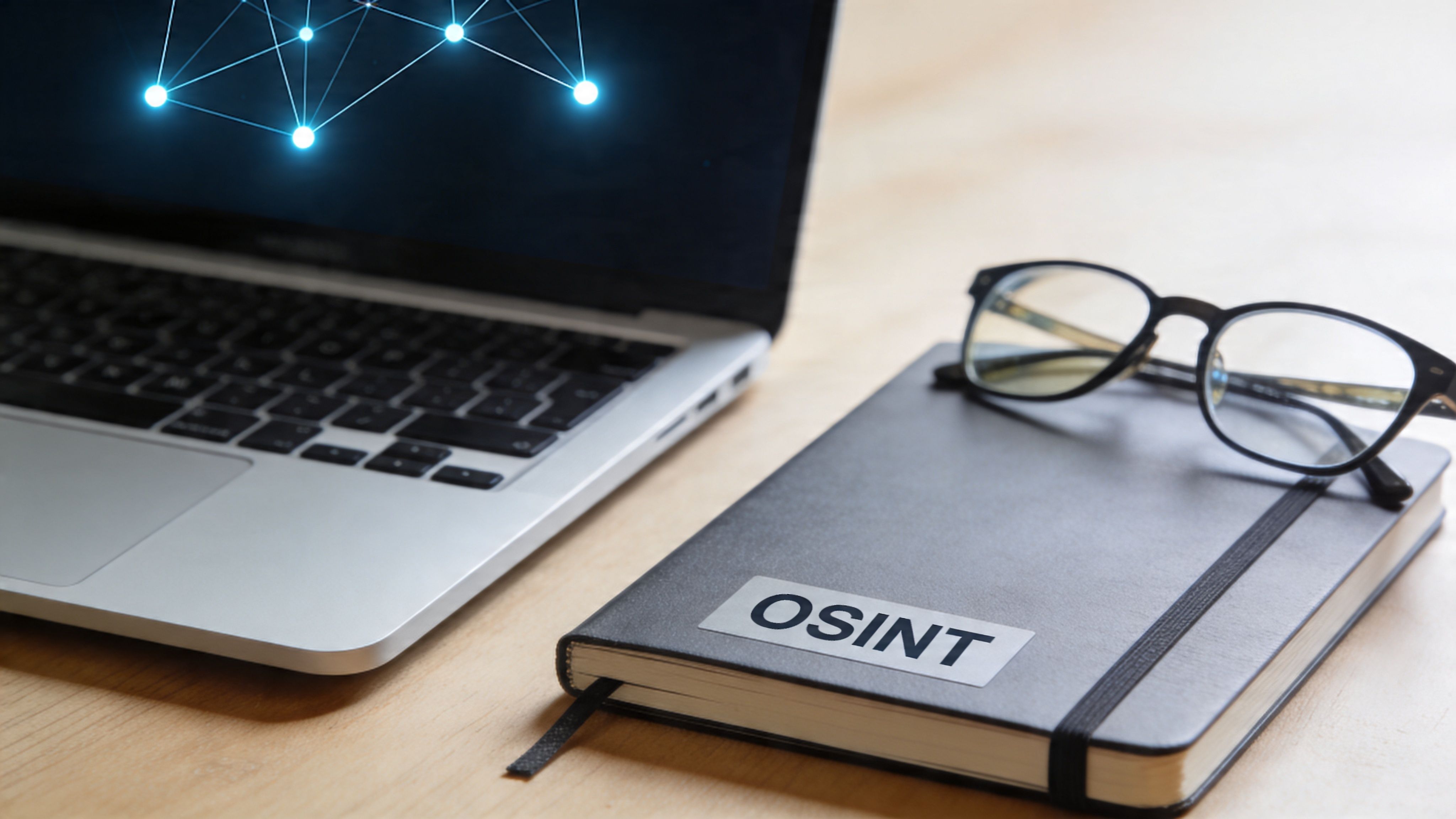 A laptop with a digital network graphic next to a notebook labeled OSINT and reading glasses.