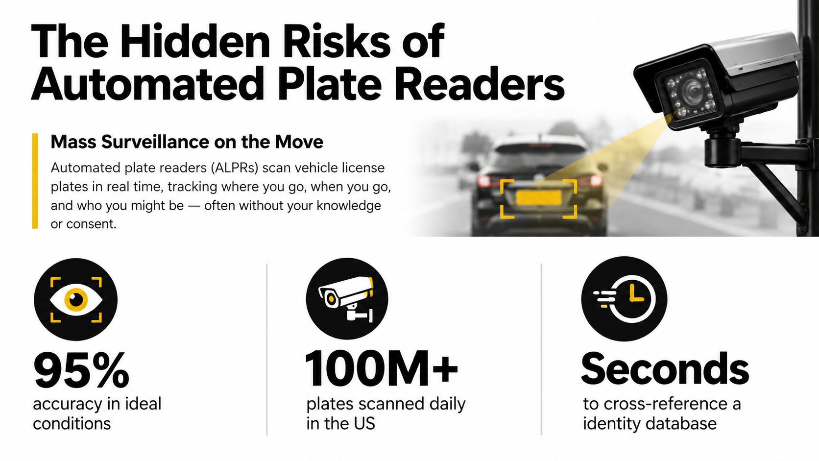 An infographic detailing the privacy concerns and mass surveillance risks associated with automated license plate readers.