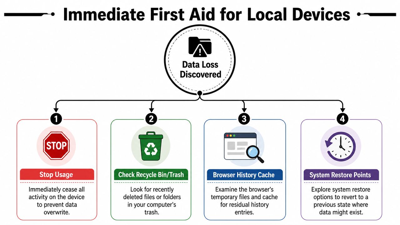 A flowchart explaining immediate steps to take when data loss is discovered on a local device.