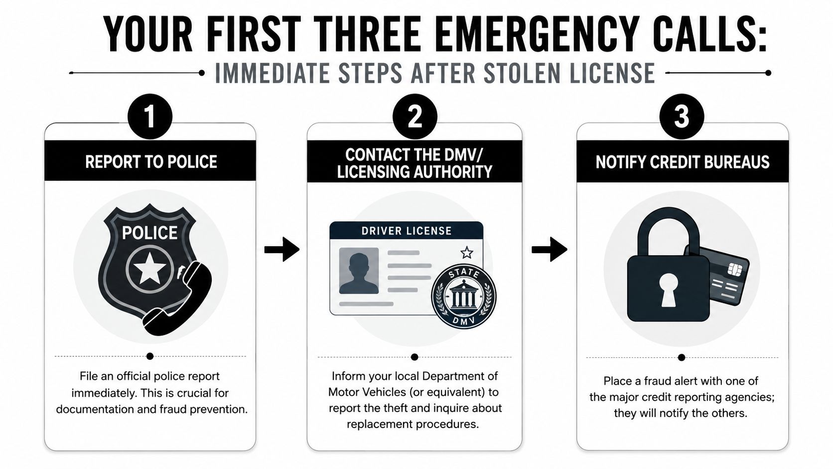 A three-step infographic showing how to report a stolen driver license to police, the DMV, and credit bureaus.