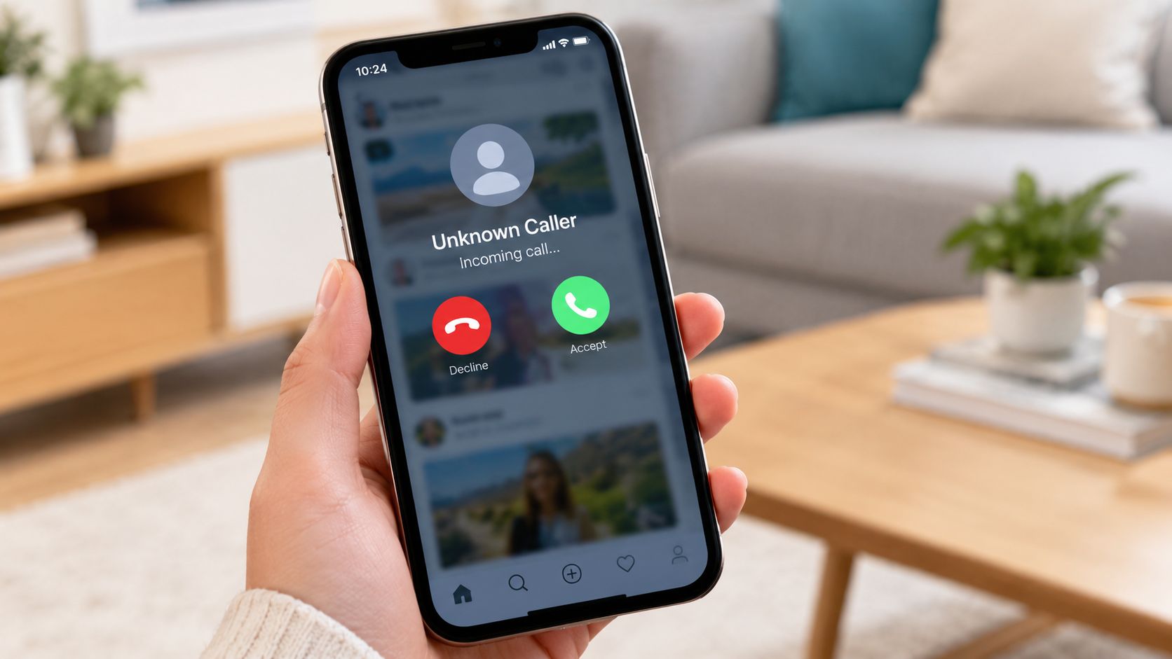 A hand holding a smartphone showing an incoming call from an unknown caller on a social media app.