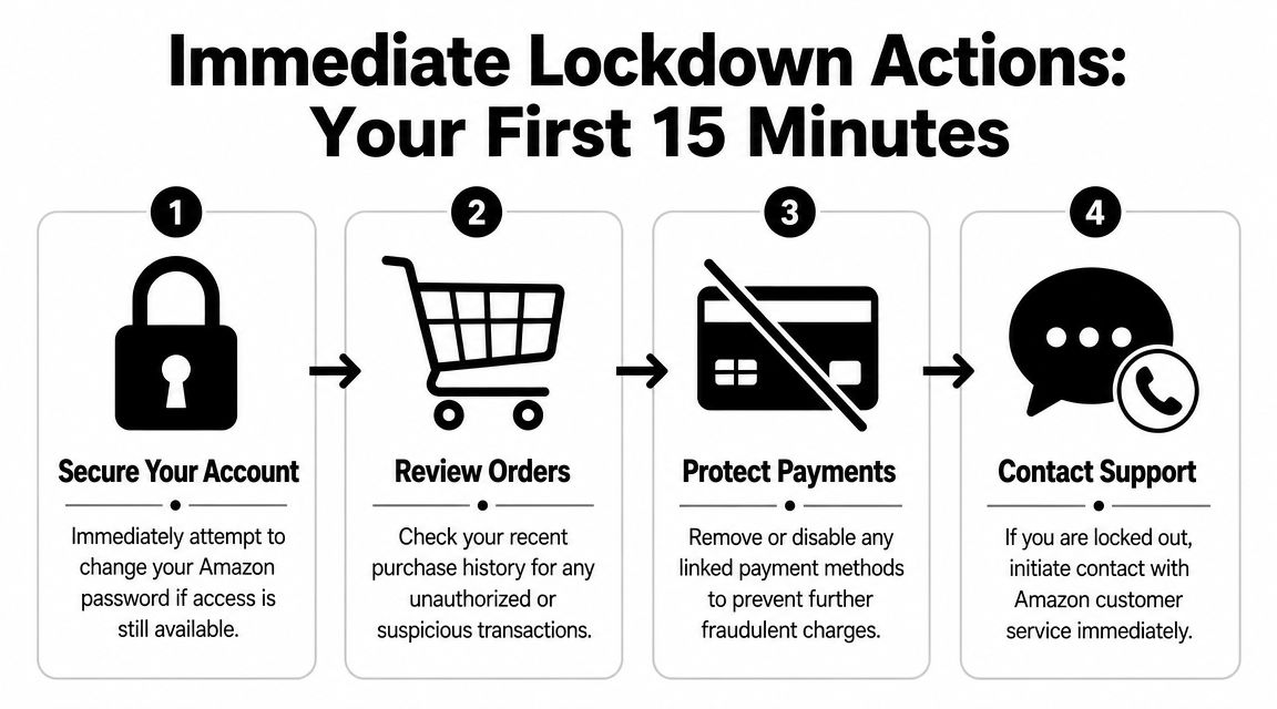 An infographic showing four steps to secure an Amazon account after a potential security breach.