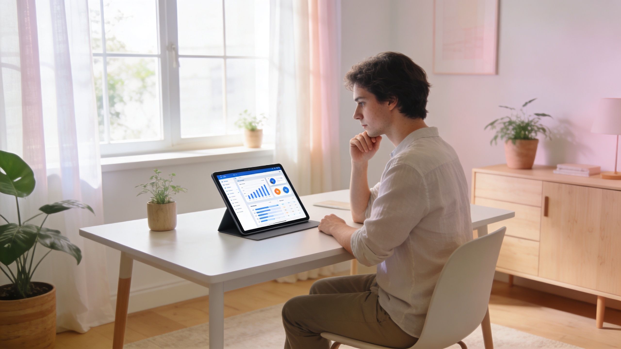A young man sitting at a desk looking at data analytics on a digital tablet screen.