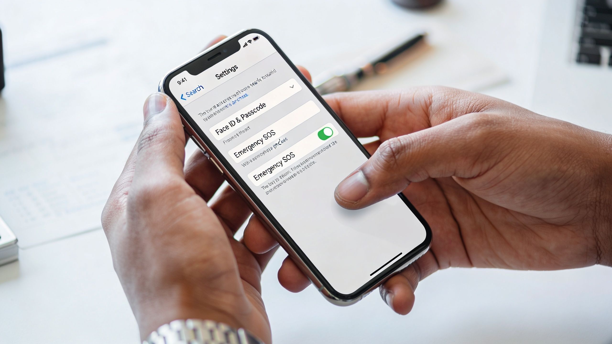 A person holding a smartphone and navigating through the settings menu on the device screen.