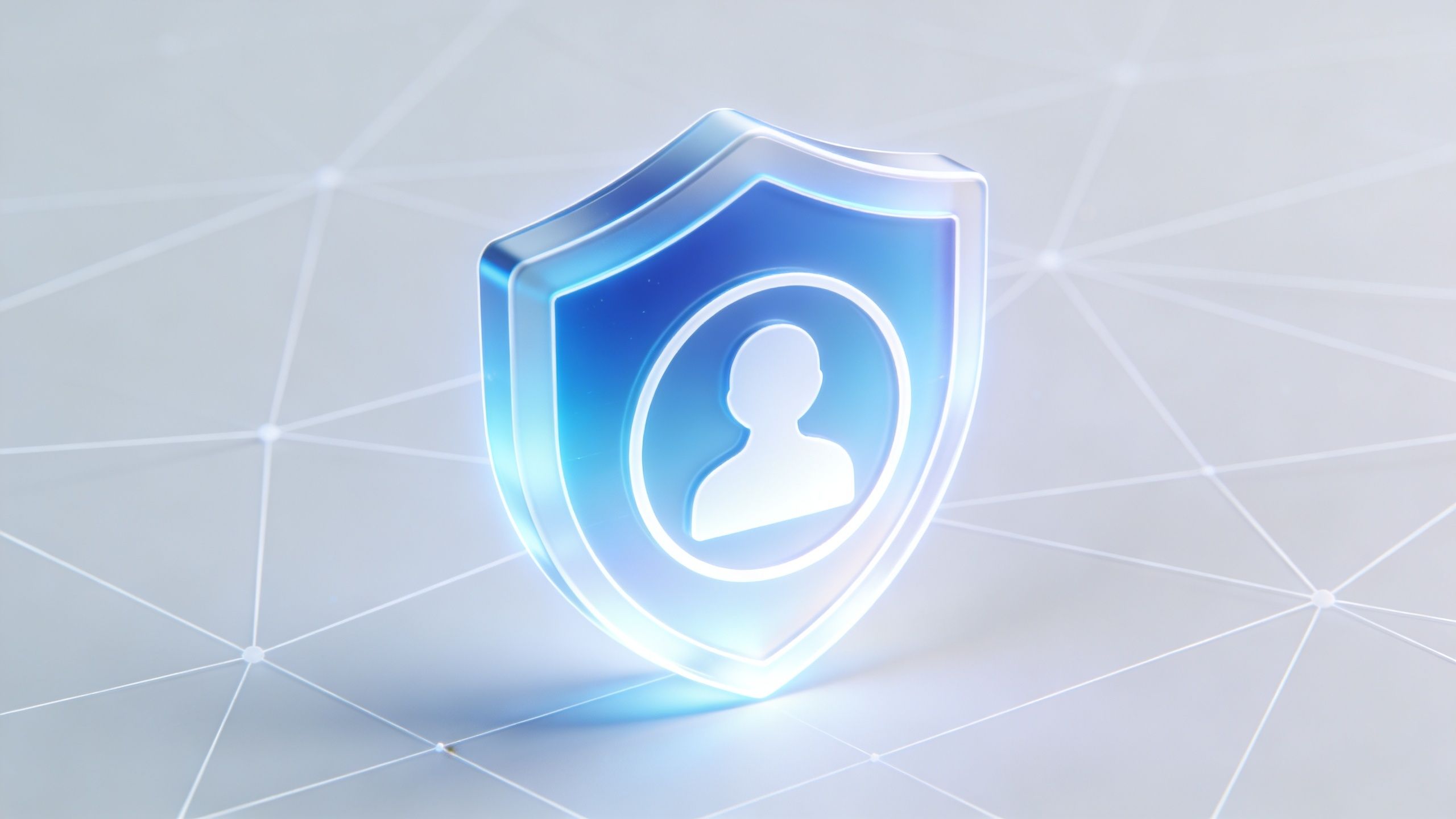 A glowing blue digital shield icon representing user privacy and online security on a network background.