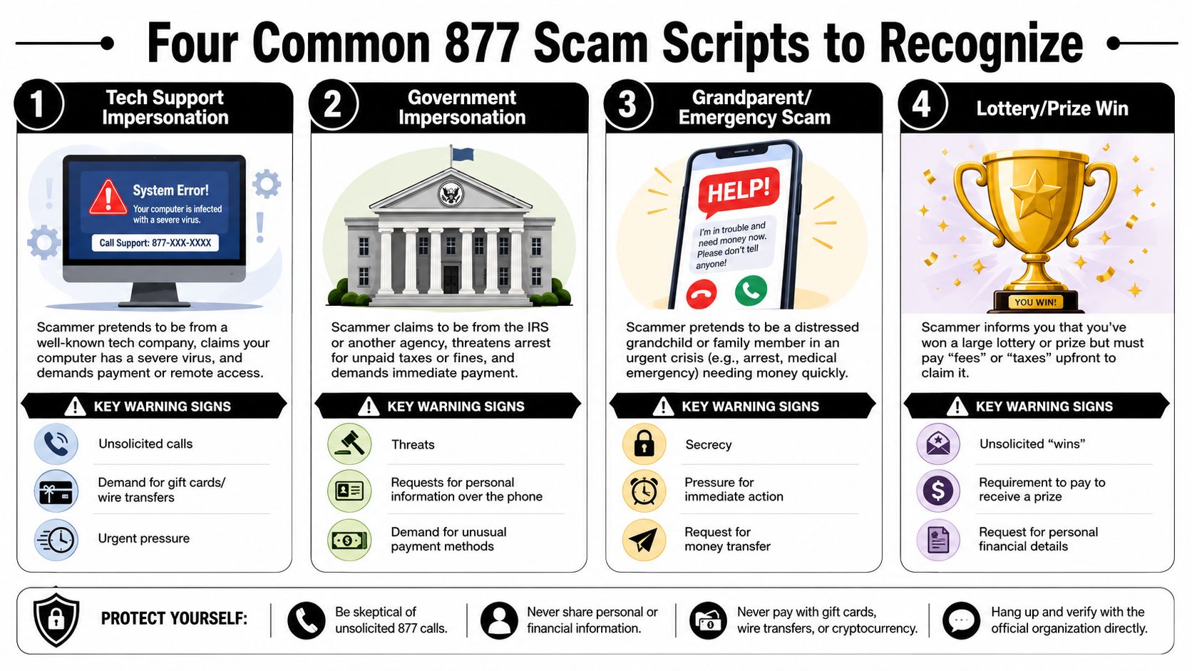 An infographic detailing four common 877 area code scam scripts to help you identify and avoid fraud.