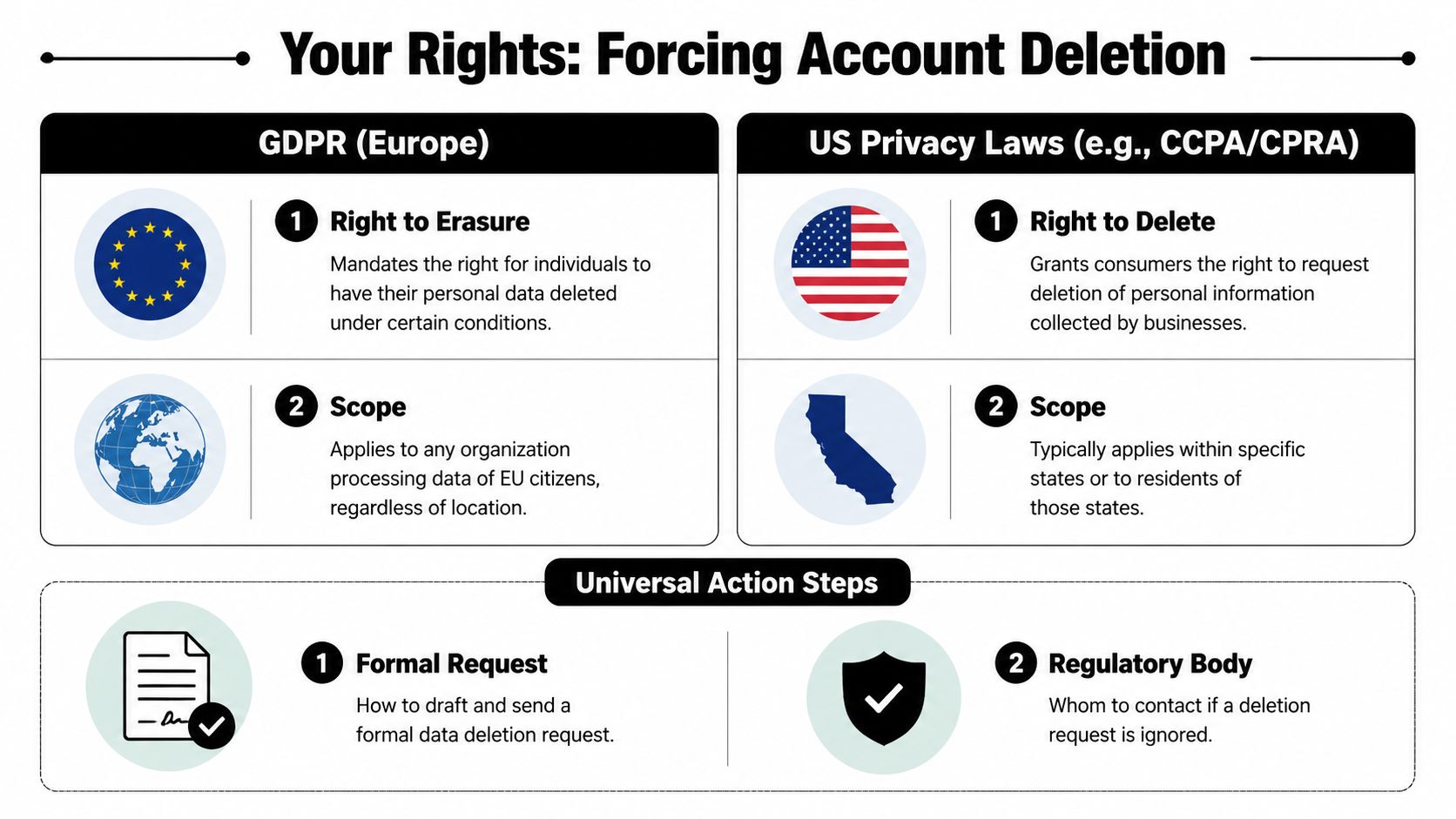 An infographic comparing data deletion rights under GDPR in Europe and privacy laws in the United States.