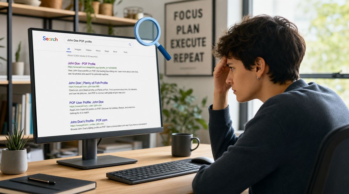 A person looking frustrated while searching for a profile on the Plenty of Fish dating website.
