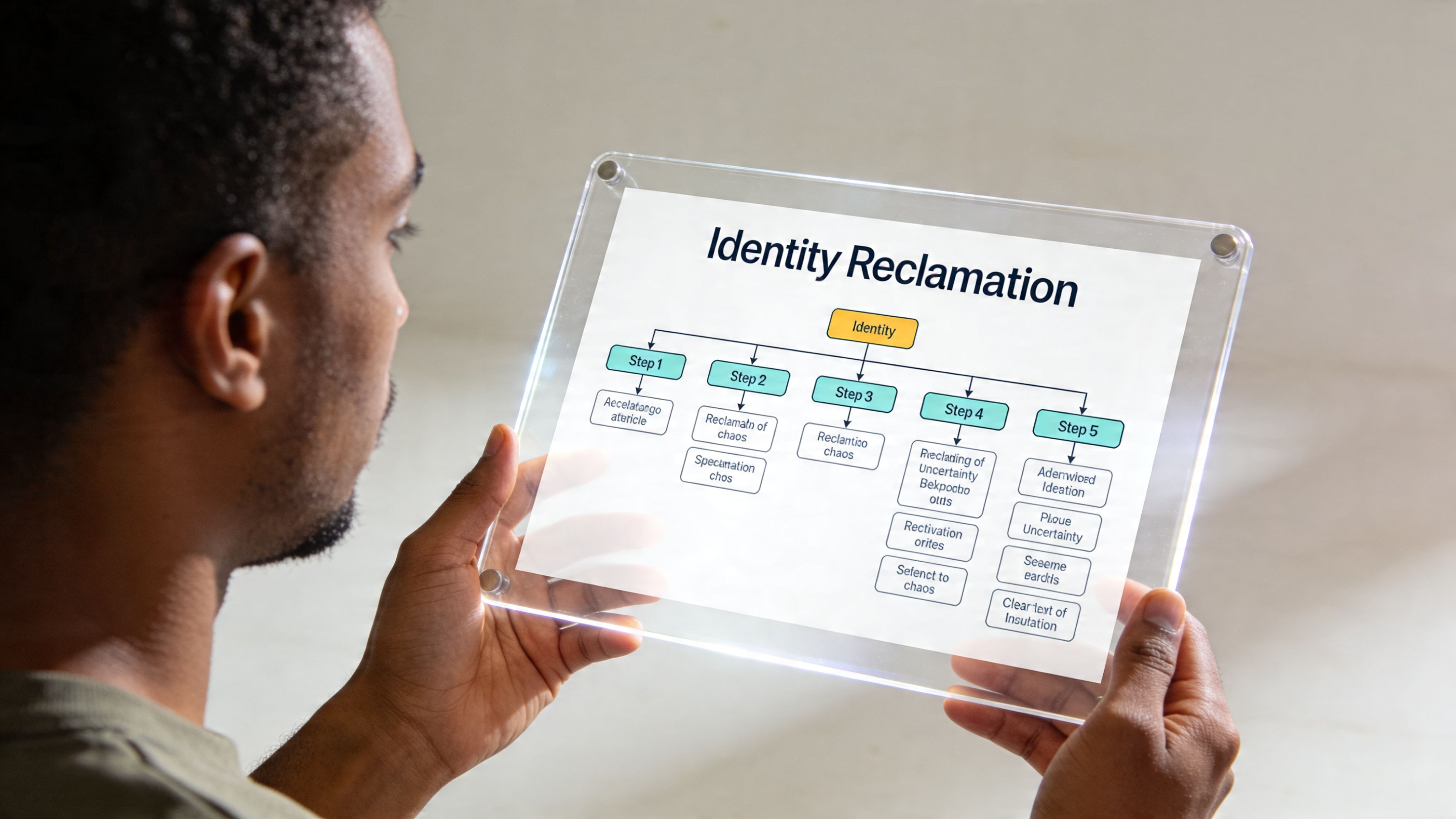 A person holding a transparent glass tablet displaying an organizational chart titled Identity Reclamation with five steps.