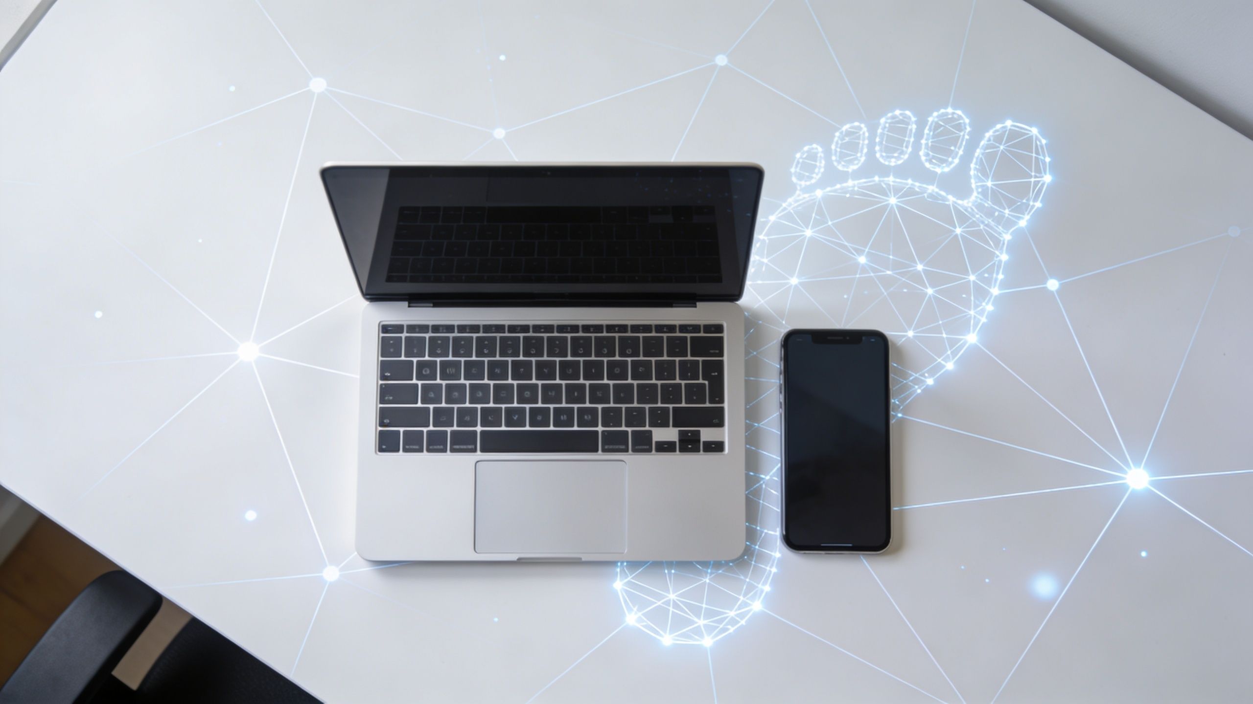 A high-angle view of a laptop and smartphone on a desk with digital footprint network graphics.