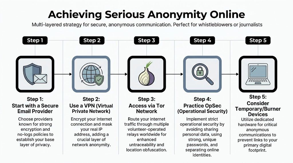 A five-step guide on how to achieve serious anonymity online for secure communication and privacy protection.
