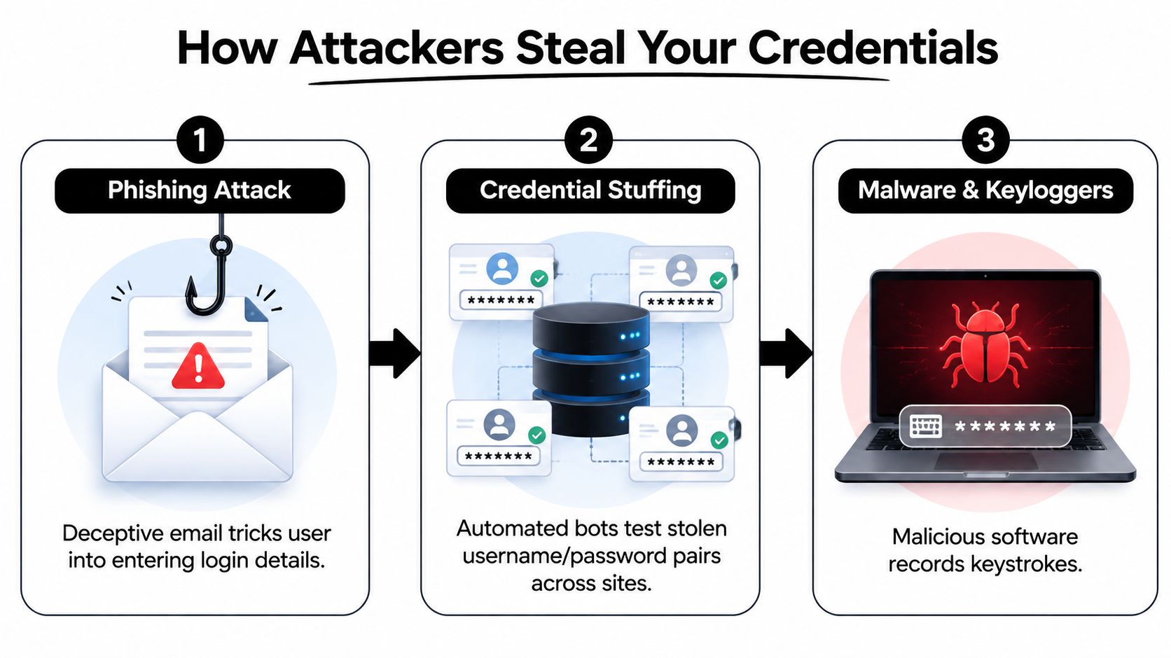 A diagram illustrating three common methods attackers use to steal credentials: phishing, credential stuffing, and malware.